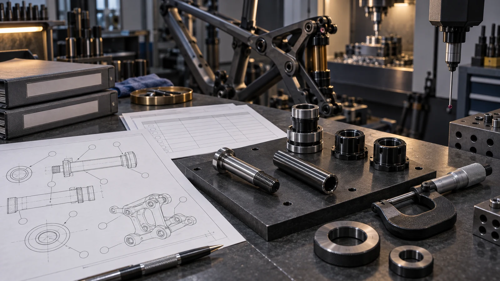 Concept first-article review bench connecting pivot hardware, neutral ballooned drawing and separate inspection and material documents, without real results