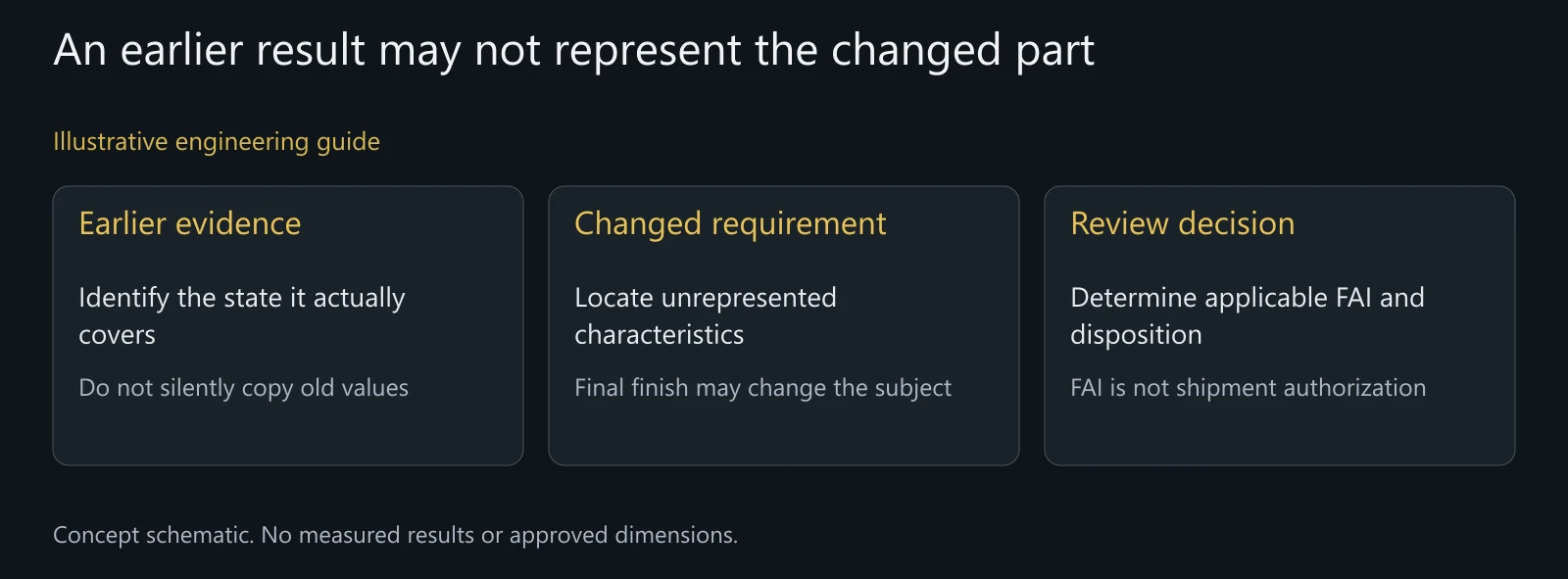 Illustrative revision-and-evidence review without measured dimensions, an approved FAIR or customer acceptance.