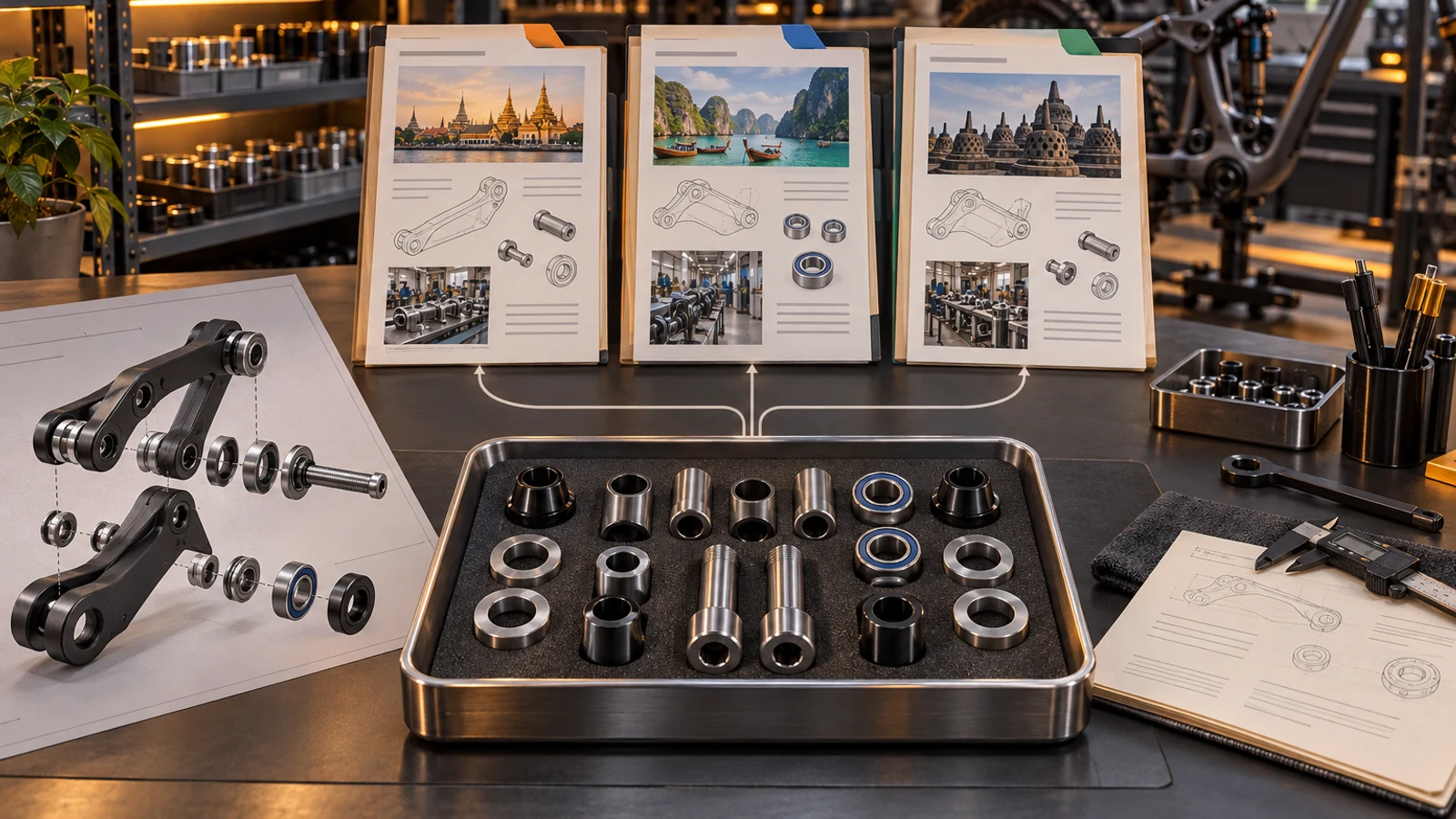 Concept pivot kit with an exploded bicycle linkage and separate illustrative destination-review folders, not ASEAN approval, shipment clearance or an actual factory record.