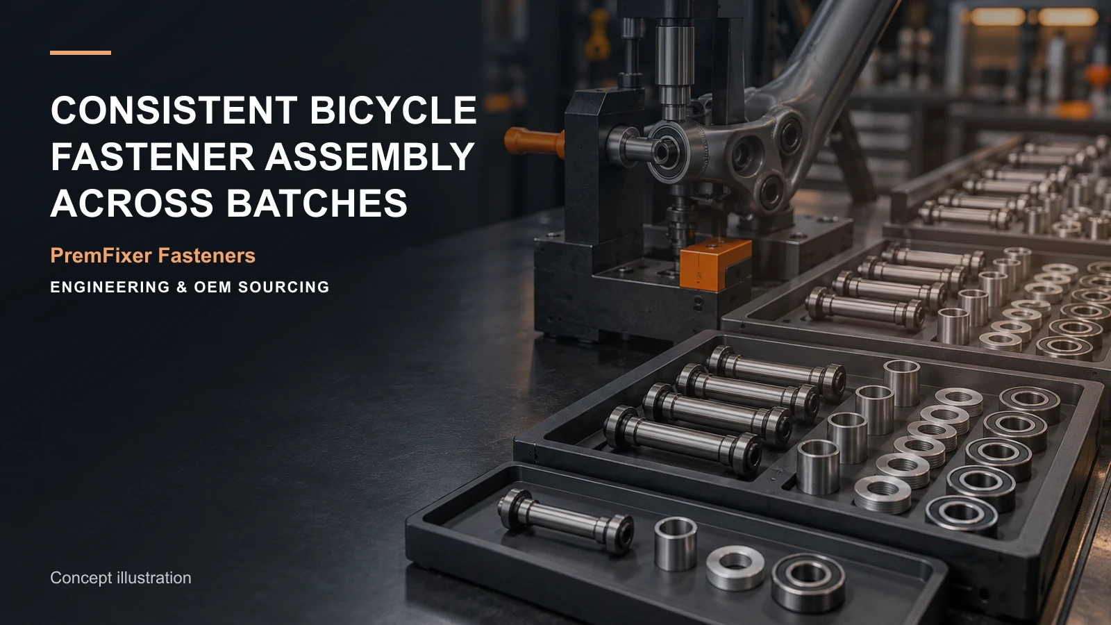 Conceptual assembly fixture showing repeated bicycle pivot components and batch-to-batch comparison points.