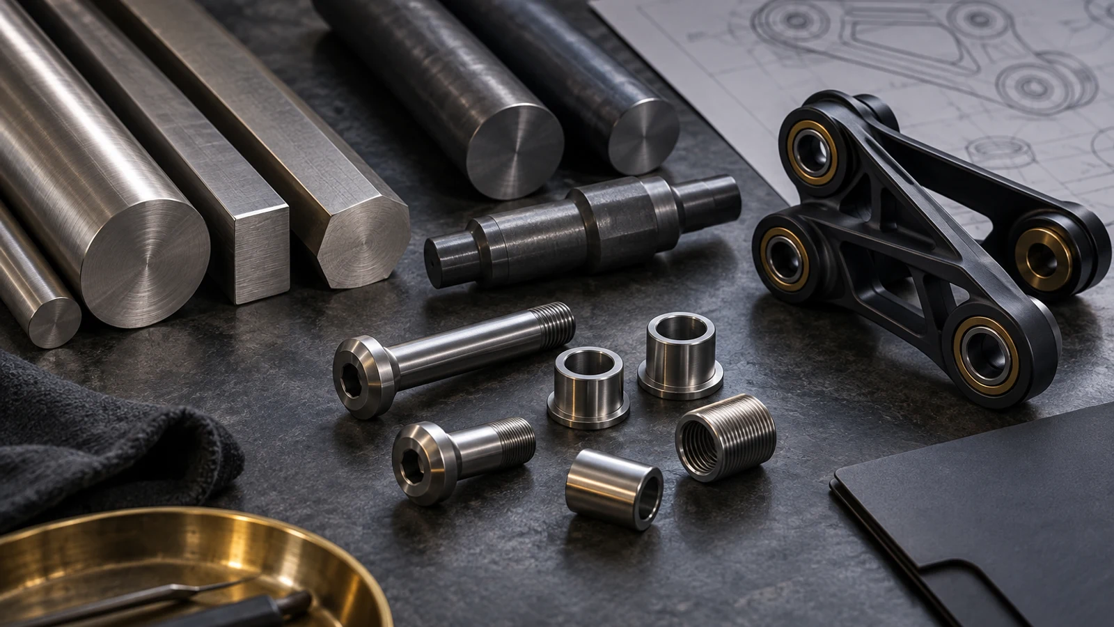 Concept stock-to-pivot comparison with round, square and hex bars, partly machined blank, finished shoulder bolts and suspension linkage; no certified material or measured property shown.