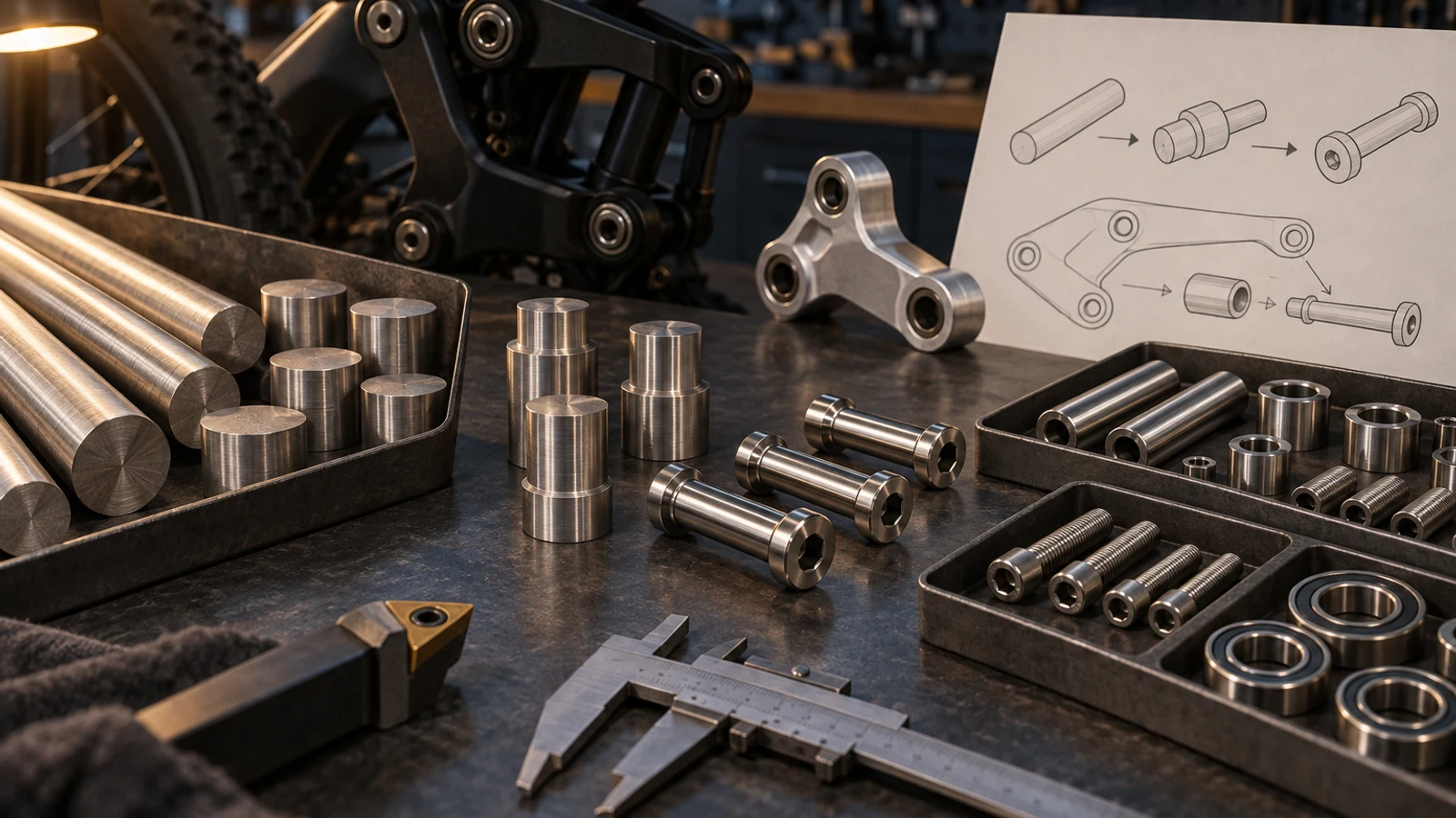 Concept stainless bar, cut blanks and finished custom shoulder pivots in separate trays beside an illustrative stock-to-part sketch, not traceable production goods or an approved drawing.