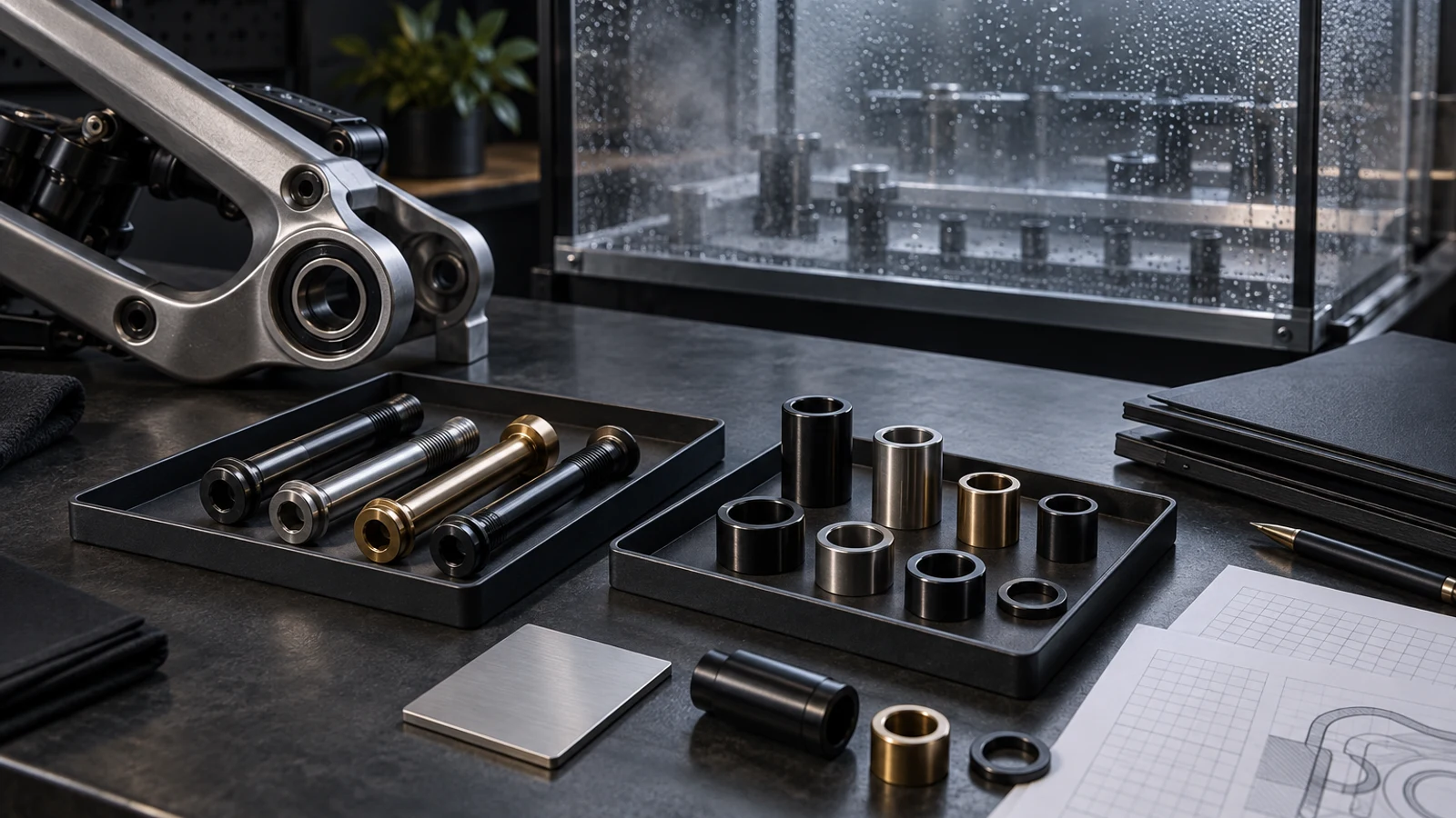 Concept corrosion-document review with coated pivot hardware, separate coupon, receiver interface and abstract report sheets; not a real exposure result or PremFixer testing facility.