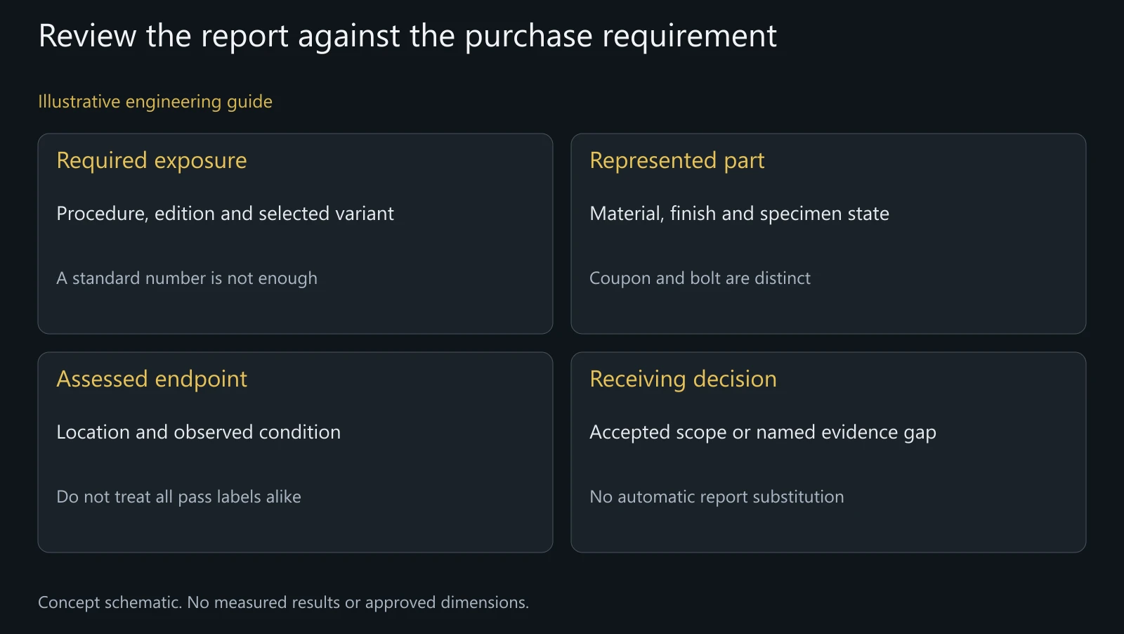 Concept salt-spray report review connecting procedure, specimen, endpoint and receiving decision; no test result or automatic equivalence shown.