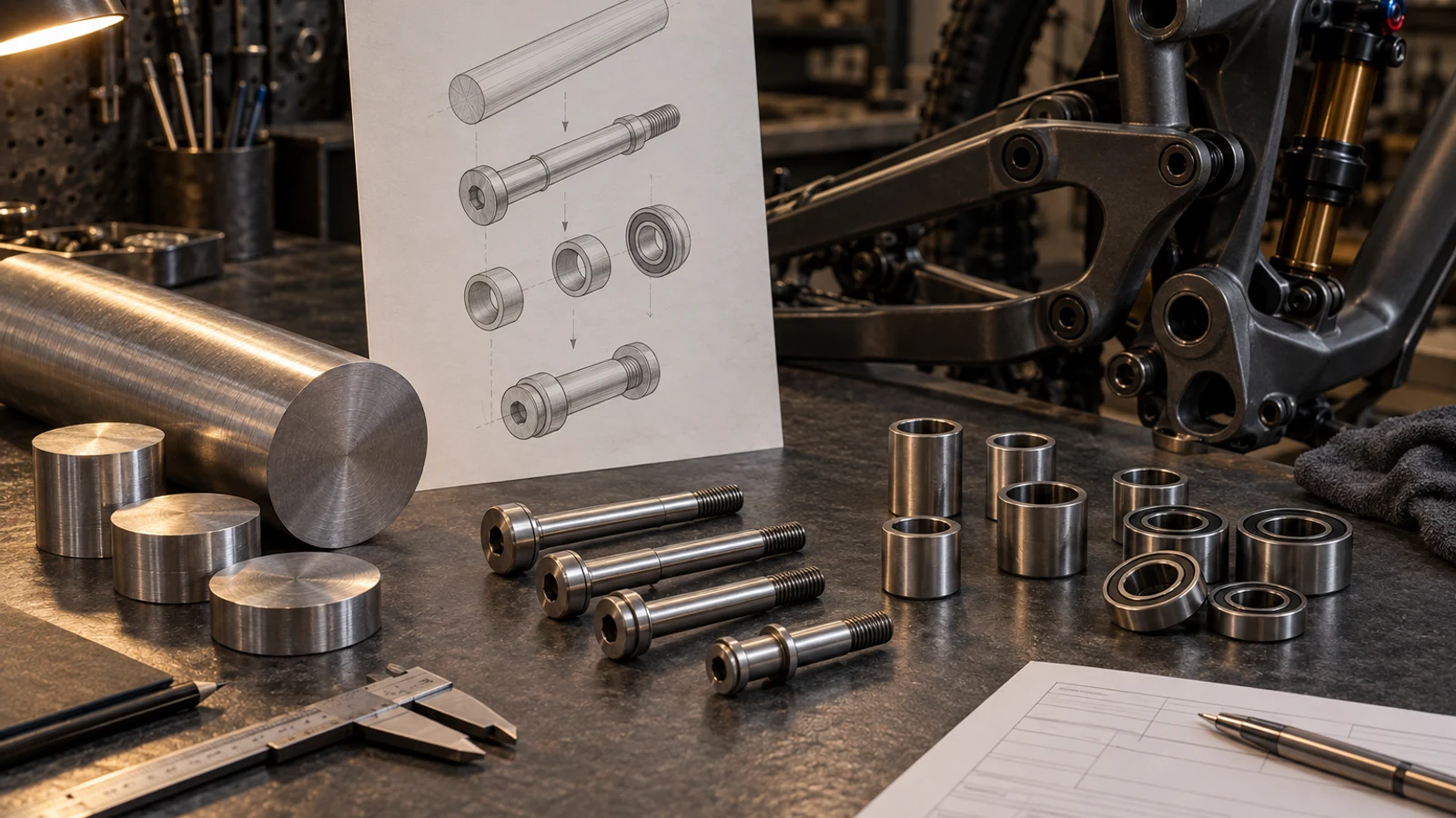 Concept titanium stock, turned shoulder pivots and an unbranded purchase sketch beside a bicycle linkage; not certified stock, actual manufacturing records or validated components.