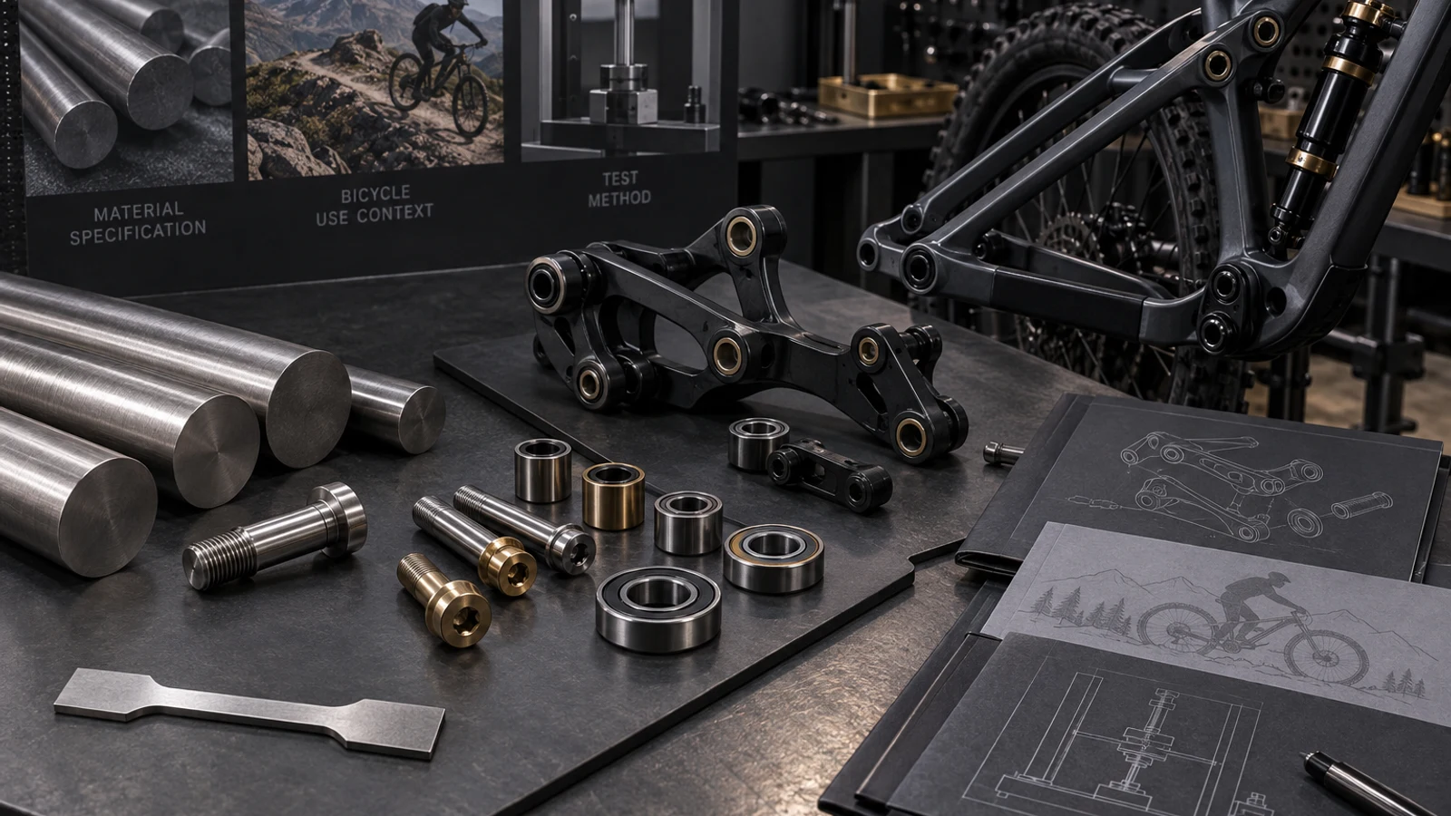 Concept comparison of metal stock, pivot hardware, separate tensile coupon and suspension linkage with illustrative material, use and test panels; no actual ASTM test or compliance result shown.