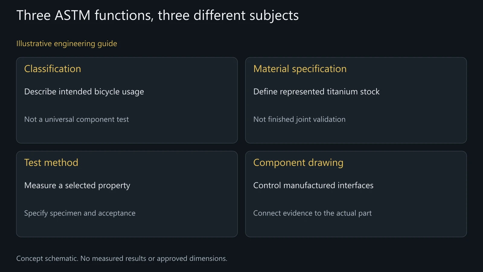Concept comparison of usage classification, material specification, test method and component drawing; no assigned category or test result shown.
