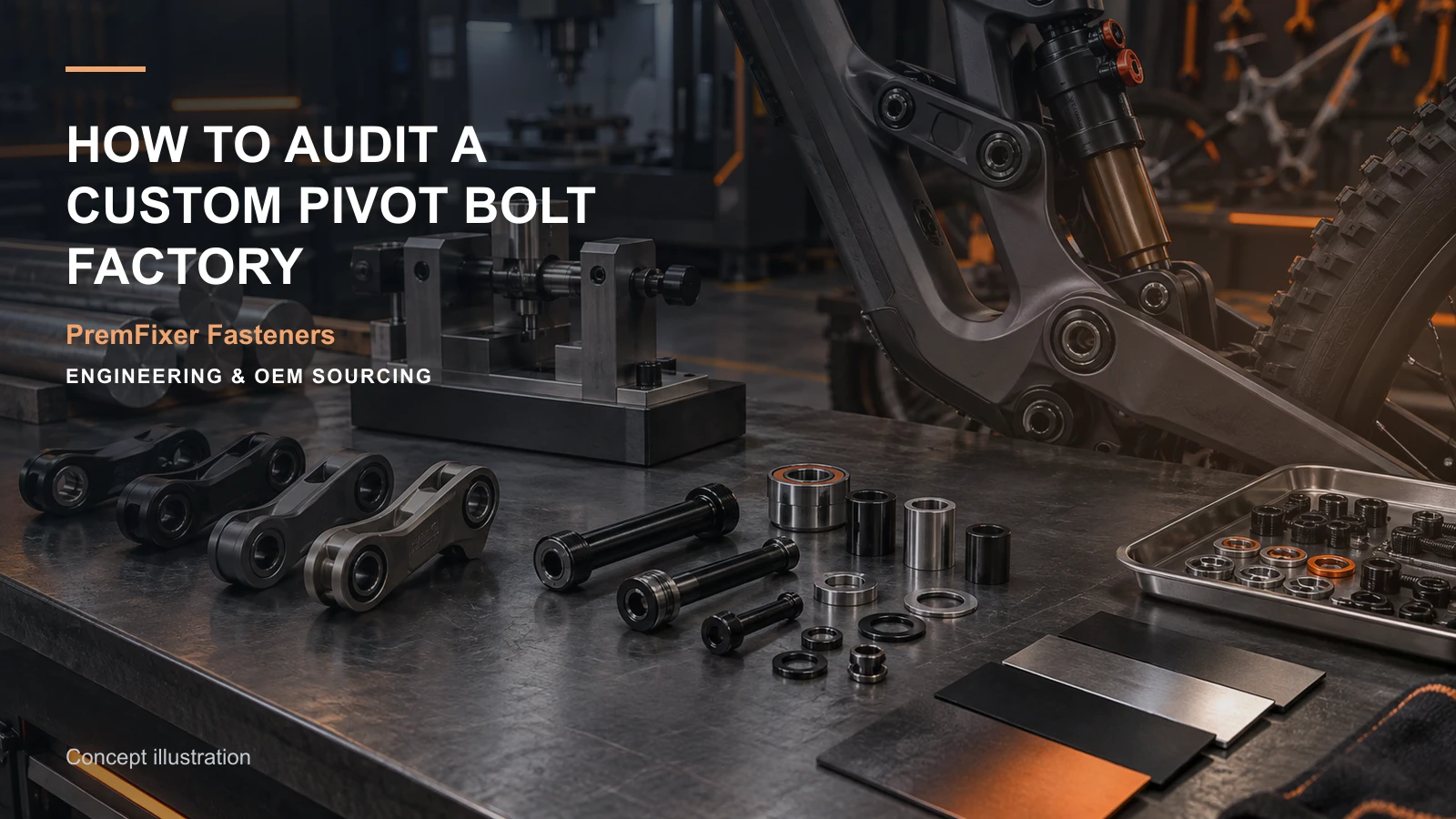 Editorial concept for auditing a custom pivot factory with cards for supplier introduction pathway, capacity-to-delivery plan, feature-to-inspection map.