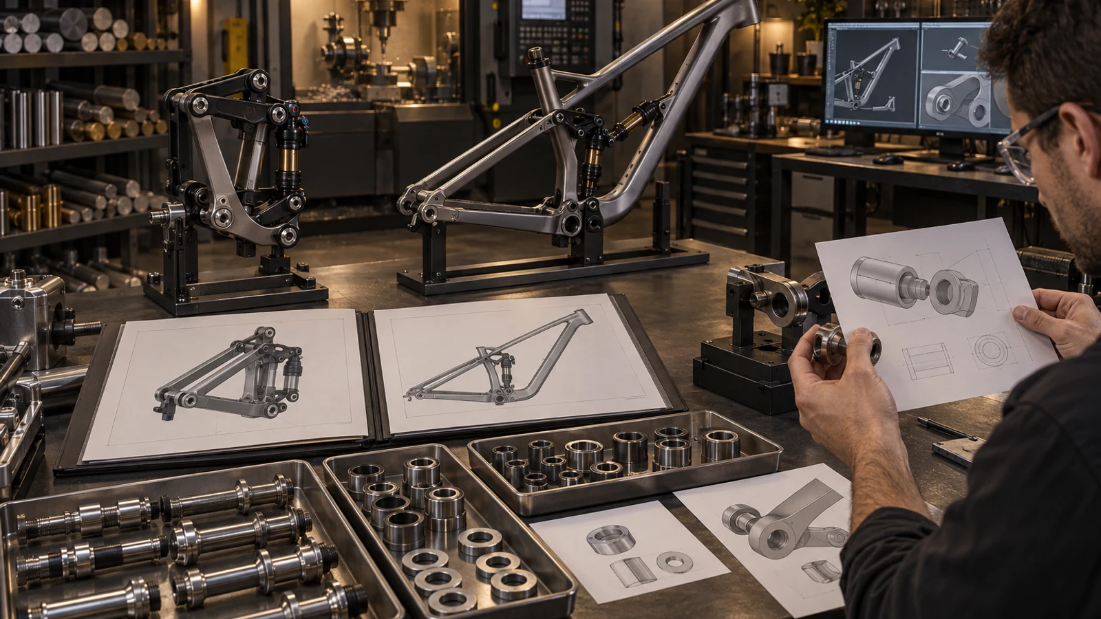 Concept workshop review of custom pivot components, different bicycle linkage mockups and separate technical folders, not Australian or New Zealand certification or an actual product test.