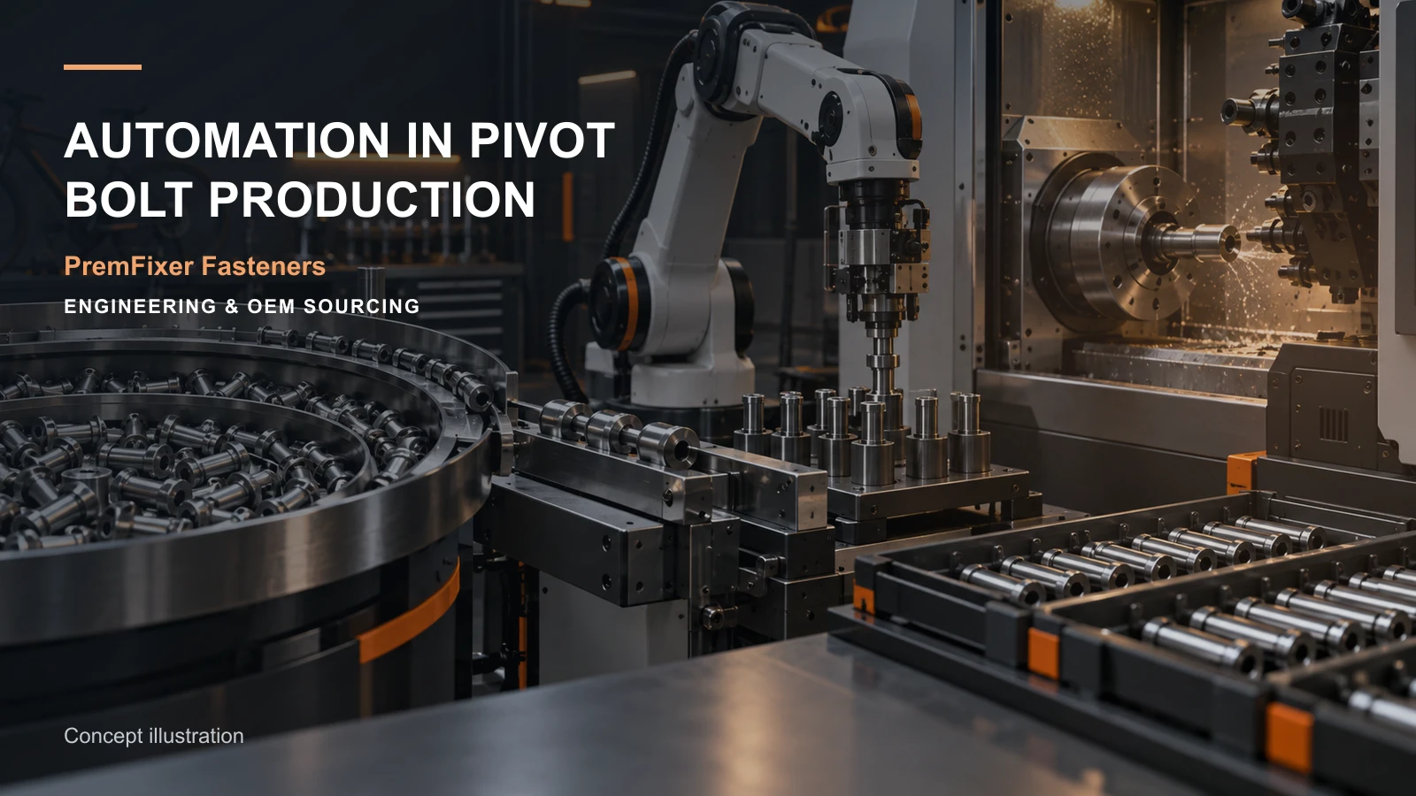 Editorial concept for automation in pivot manufacturing with cards for automation scope diagram, capacity-to-delivery plan, lot genealogy map.