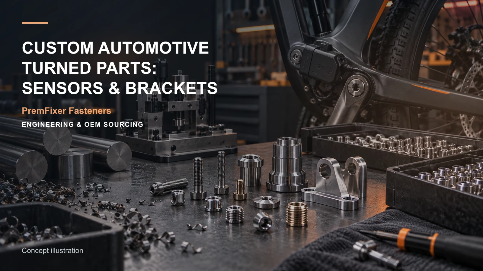 Editorial concept for automotive sensor and bracket turned parts with cards for automotive order scope, sensor integration concept, feature-to-inspection map.