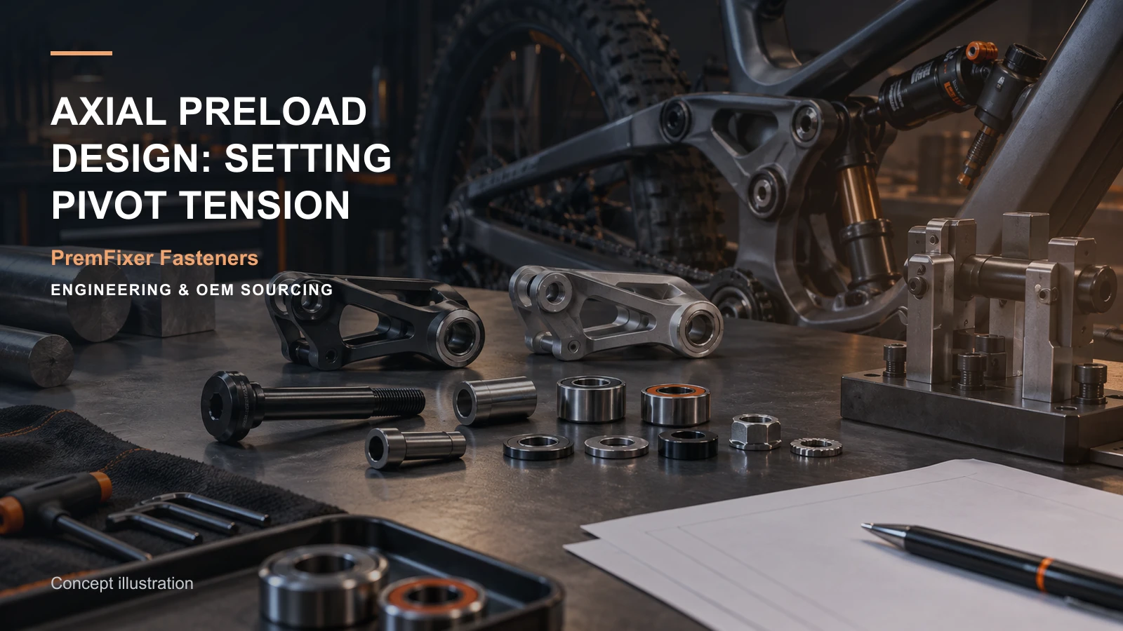 Editorial concept for axial clamping and pivot preload with cards for clamp-and-adjustment distinction, assembly stack model, kit compatibility statement.