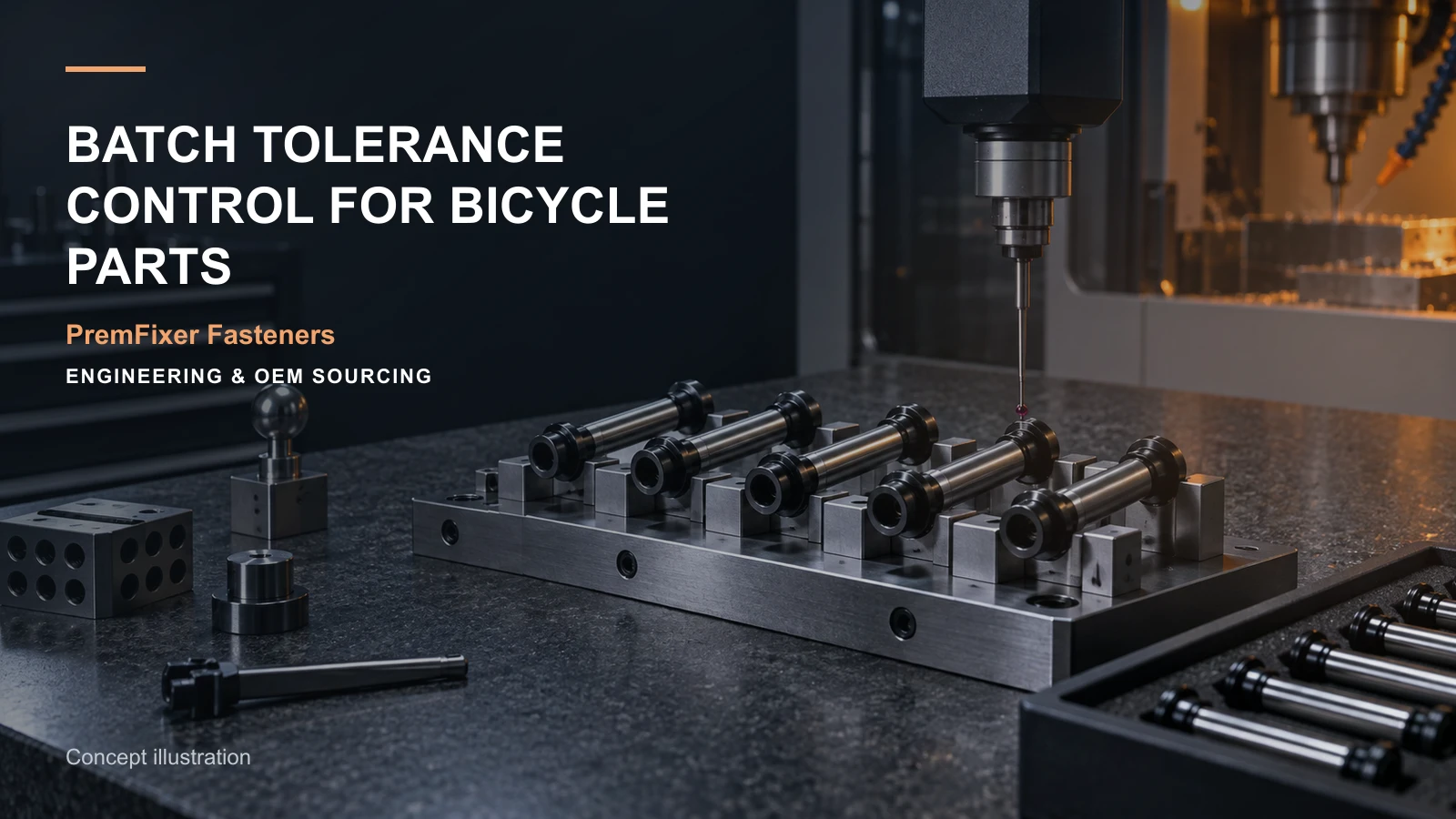 Multiple bicycle fastener production lots organized beside setup records, cutting tools and precision inspection fixtures.