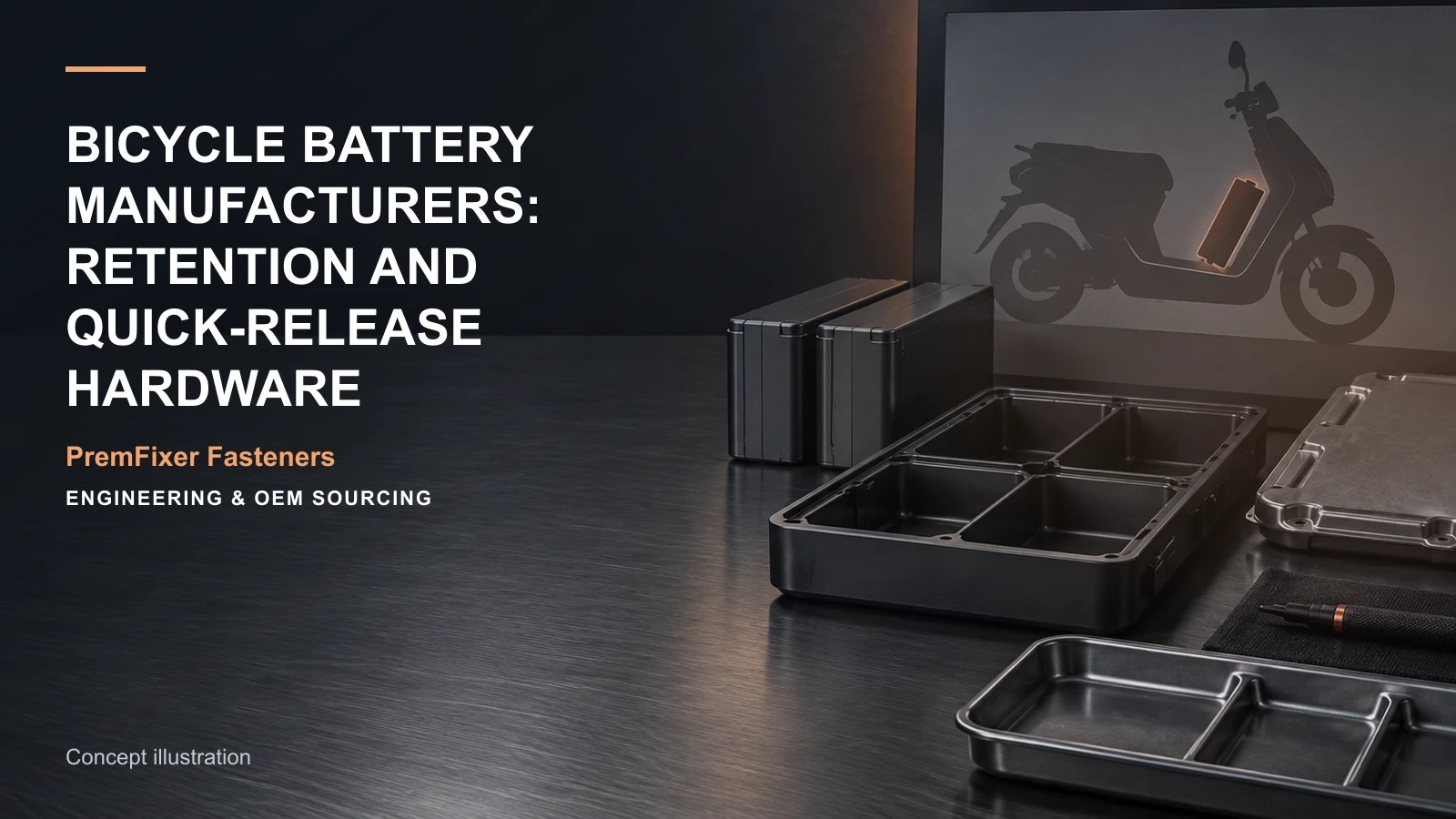 Conceptual engineering workspace introducing battery-maker retention hardware for bicycle and electric-mobility OEM teams.