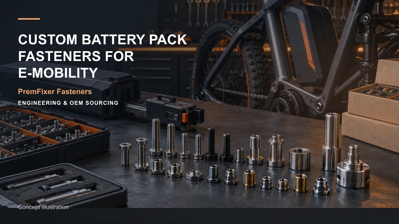 Editorial concept for battery-pack fastening interfaces with cards for battery hardware interface map, tool-less concept review, sealing-interface map.