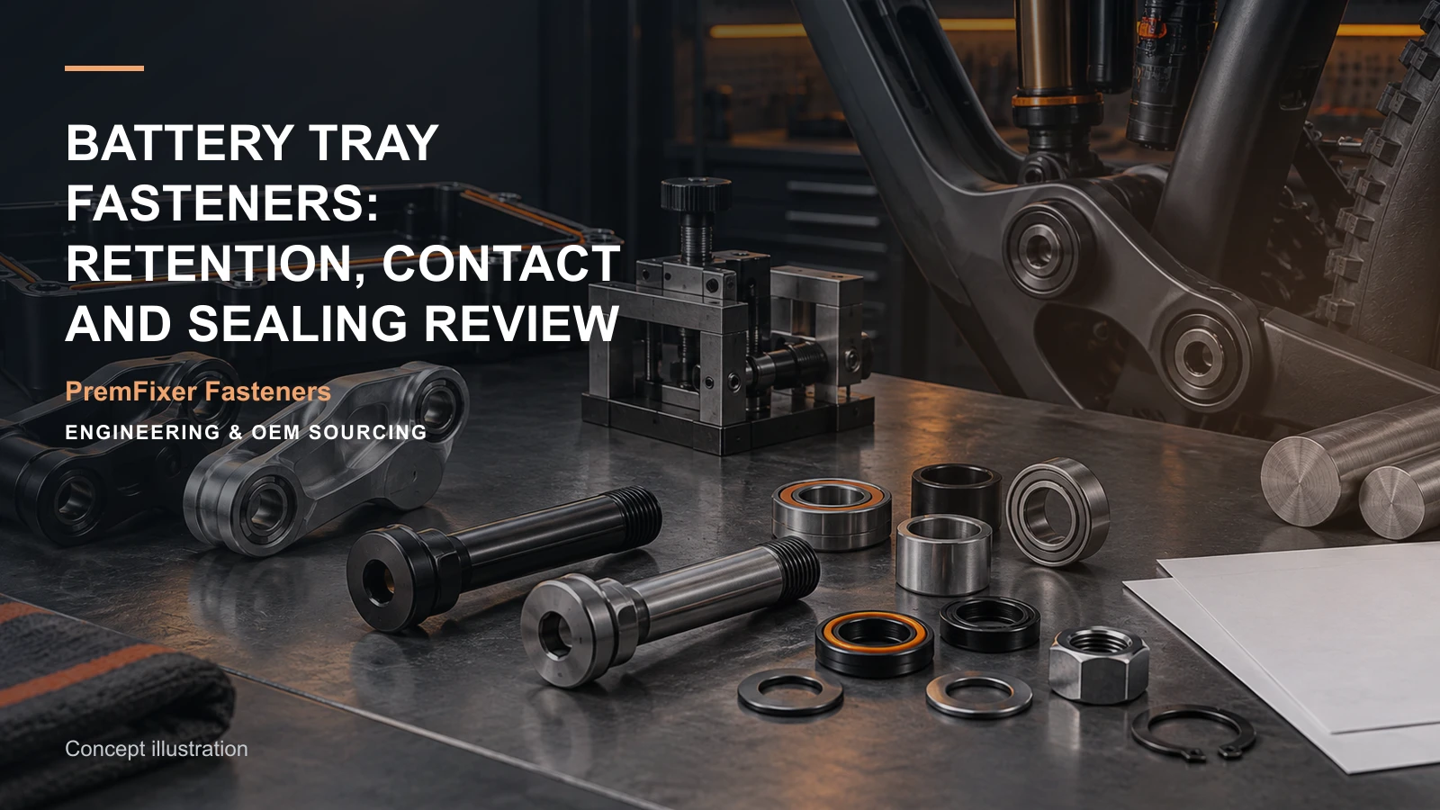 Concept illustration for Battery Tray Fasteners: Retention, Contact and Sealing Review.