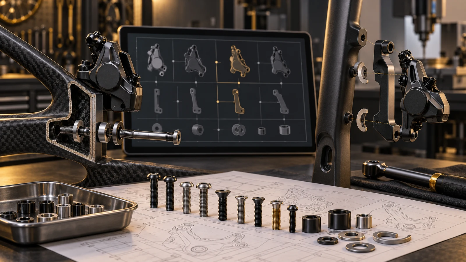 Concept rear-frame and fork brake mounts with exploded screw and spacer groups and a variant matrix; not approved mounting geometry.