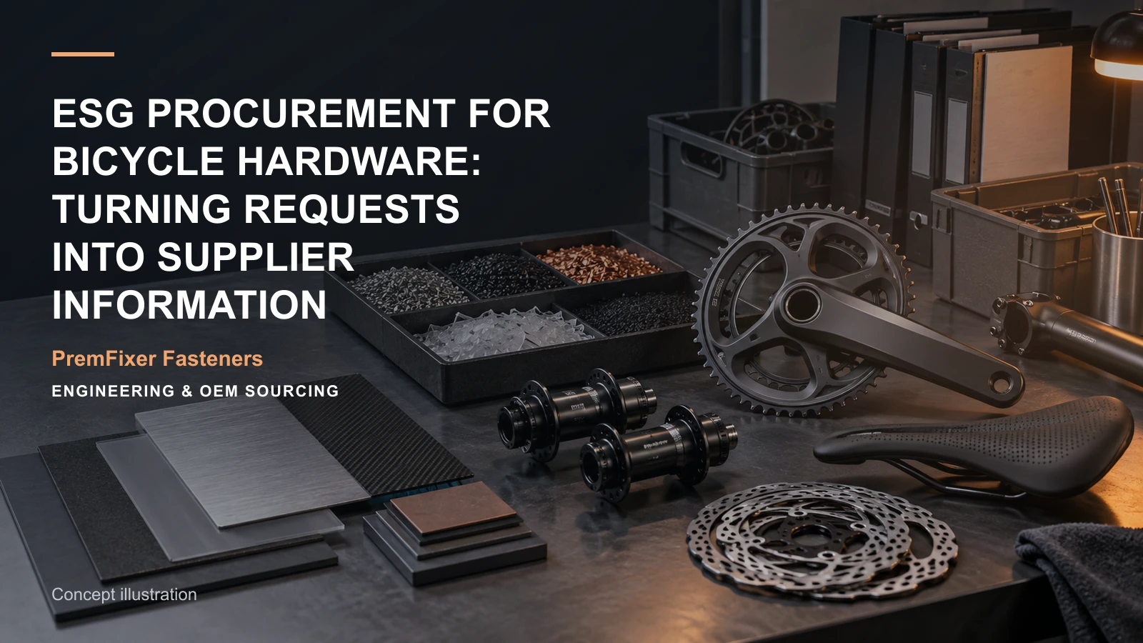 Conceptual engineering workspace introducing bicycle-hardware sustainability information for bicycle and electric-mobility OEM teams.