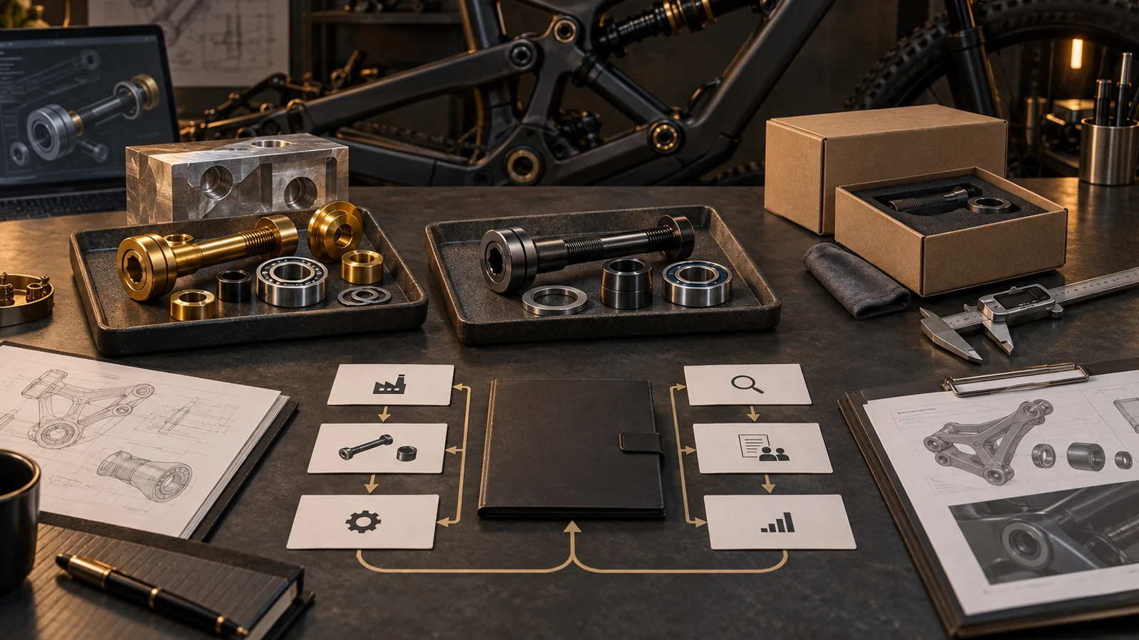 Concept arrangement of prototype and finished pivot kits with neutral quotation and dependency cards, not actual prices, a project schedule, approved assessment or inventory.