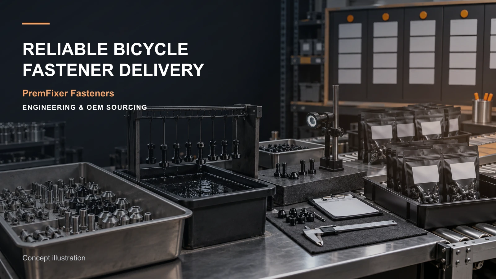 Custom bicycle fastener order moving through material, CNC machining, finishing, inspection, packaging and dispatch milestones.
