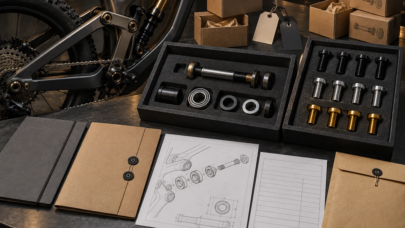 Concept arrangement of bicycle pivot kits with different finishes and neutral shipment and material documents, not a completed export, approved customs file or available inventory.