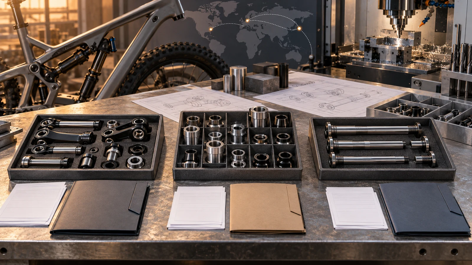 Concept export desk with separate pivot kits, spare receivers and machined axles beside blank document folders and packing trays, not approved customs records or market certificates.