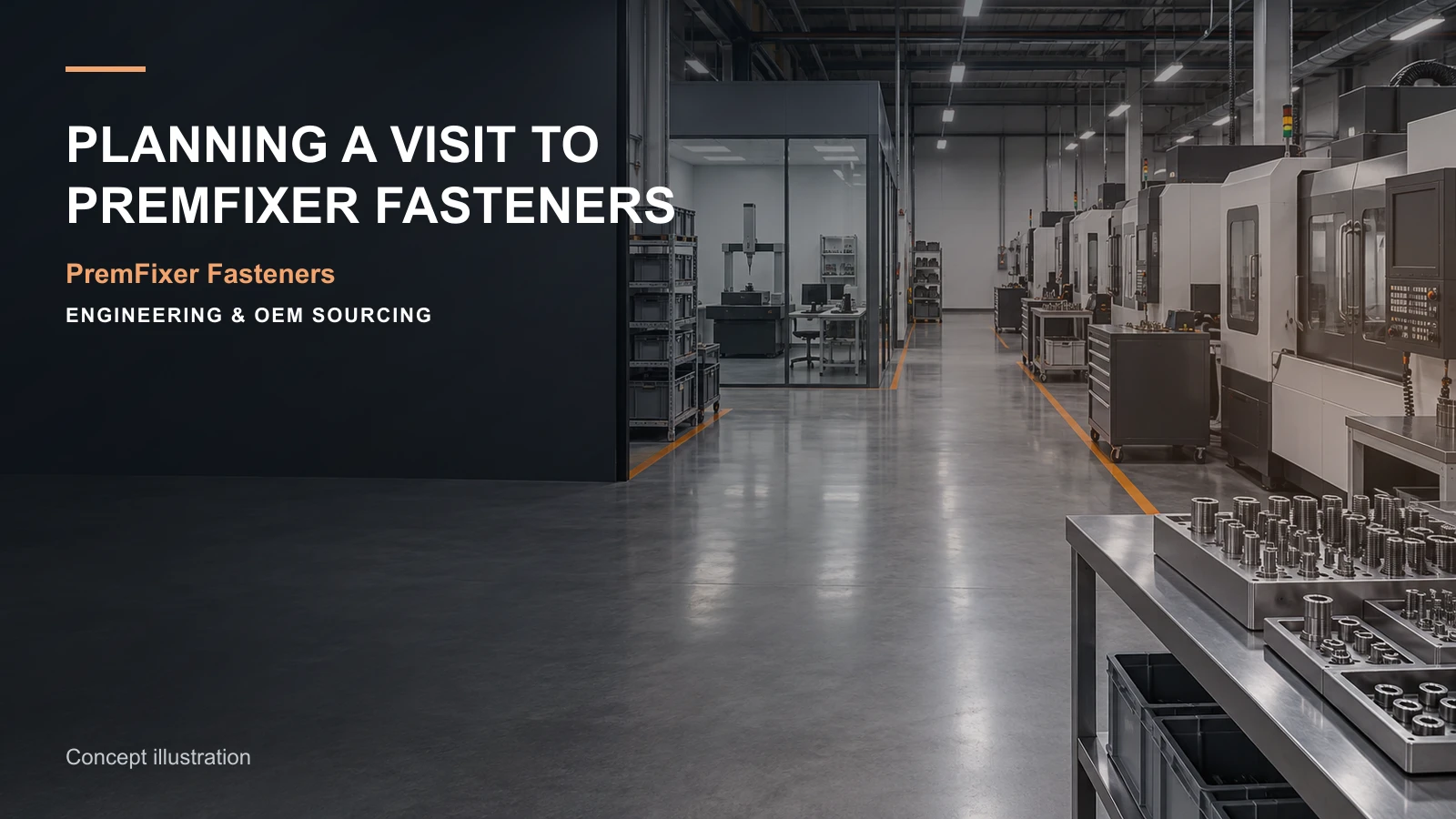 Conceptual engineering workspace introducing a fastener factory visit for bicycle and electric-mobility OEM teams.