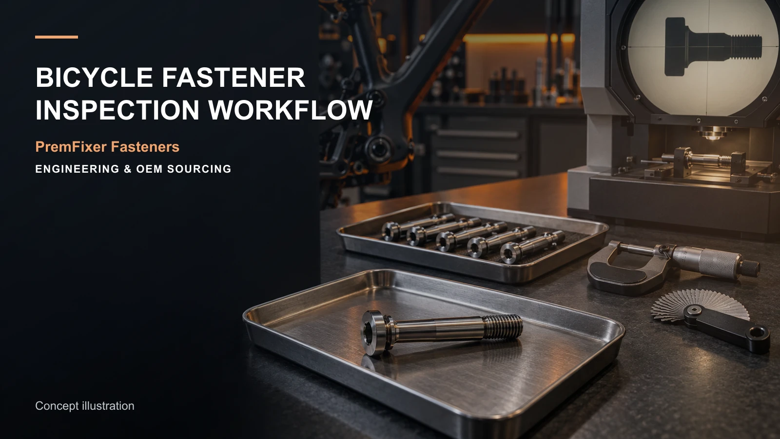 Bicycle fasteners moving through first-article, in-process and final metrology stations.