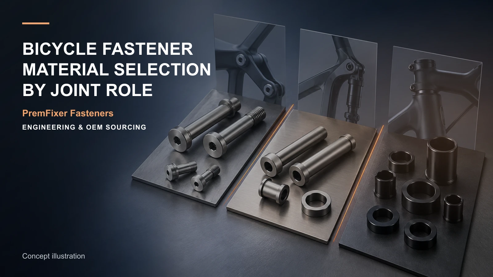 Conceptual material-selection board with stainless, titanium and aluminum bicycle hardware samples arranged by joint role.