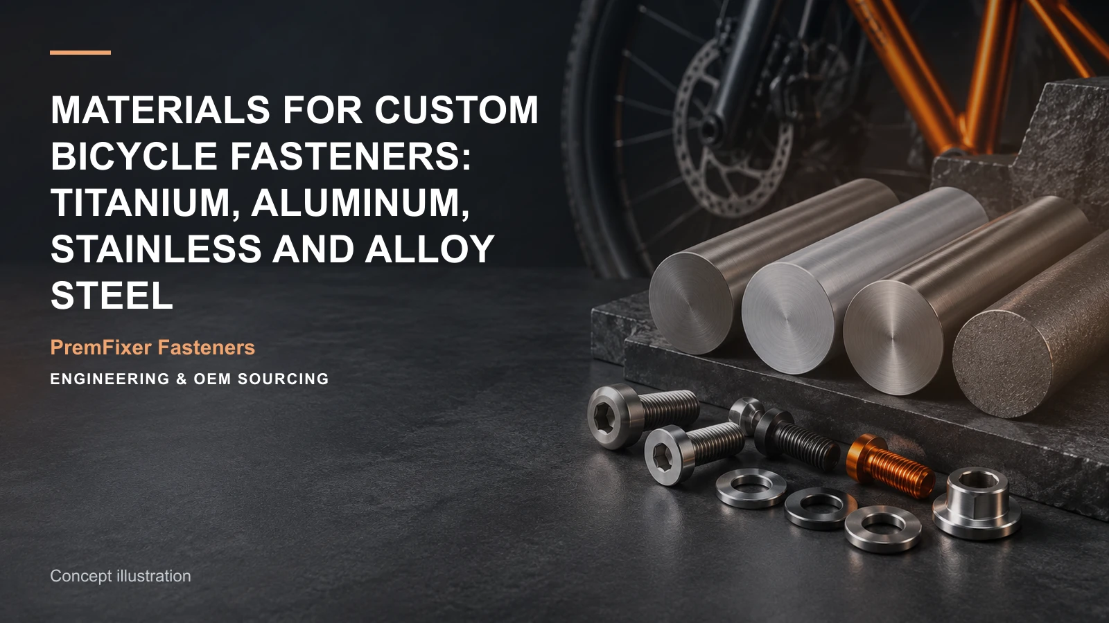 Concept illustration for Materials for Custom Bicycle Fasteners: Titanium, Aluminum, Stainless and Alloy Steel.