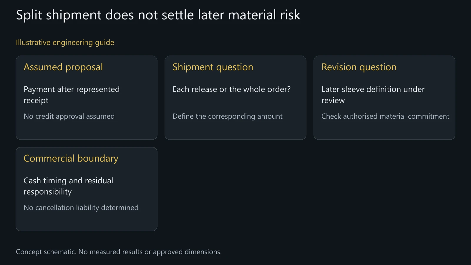Illustrative split-delivery review. No actual amount, account period, bank acceptance, contract outcome or customer history is represented.