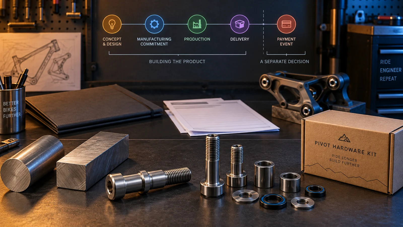 Concept raw stock, pivot bolts, sleeves and packaging beside commercial papers and an illustrative post-delivery payment timeline; not a universal payment sequence, actual agreement, bank instrument or approved credit offer.