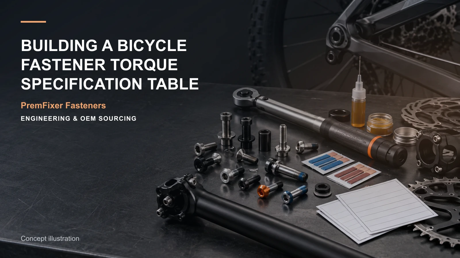 Concept illustration connecting joint-specific torque table, fastener part number and lubrication state in a bicycle hardware project.