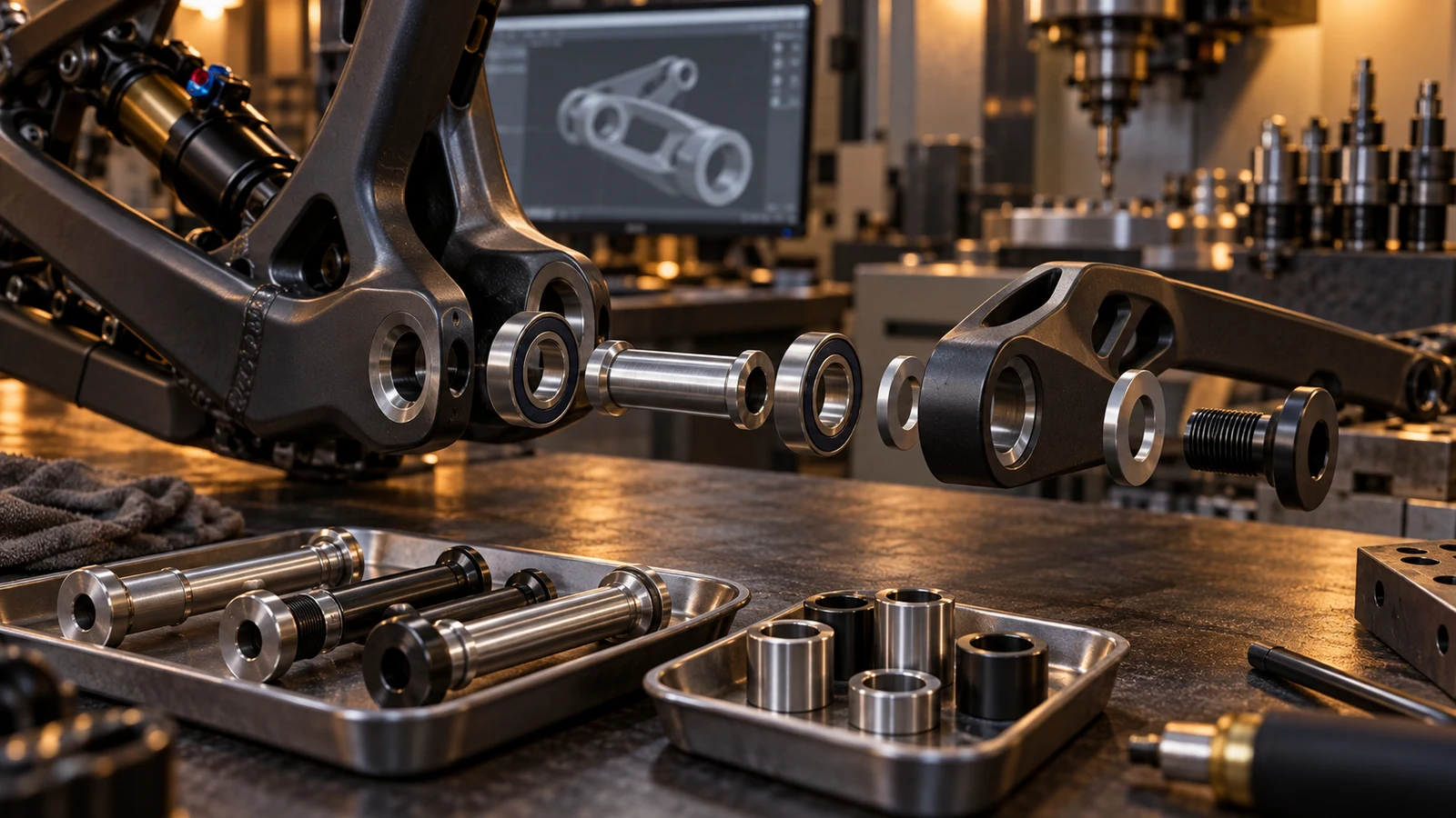 Concept exploded frame pivot with bearing contacts, axle, spacer and separate fastening parts, not an approved frame assembly