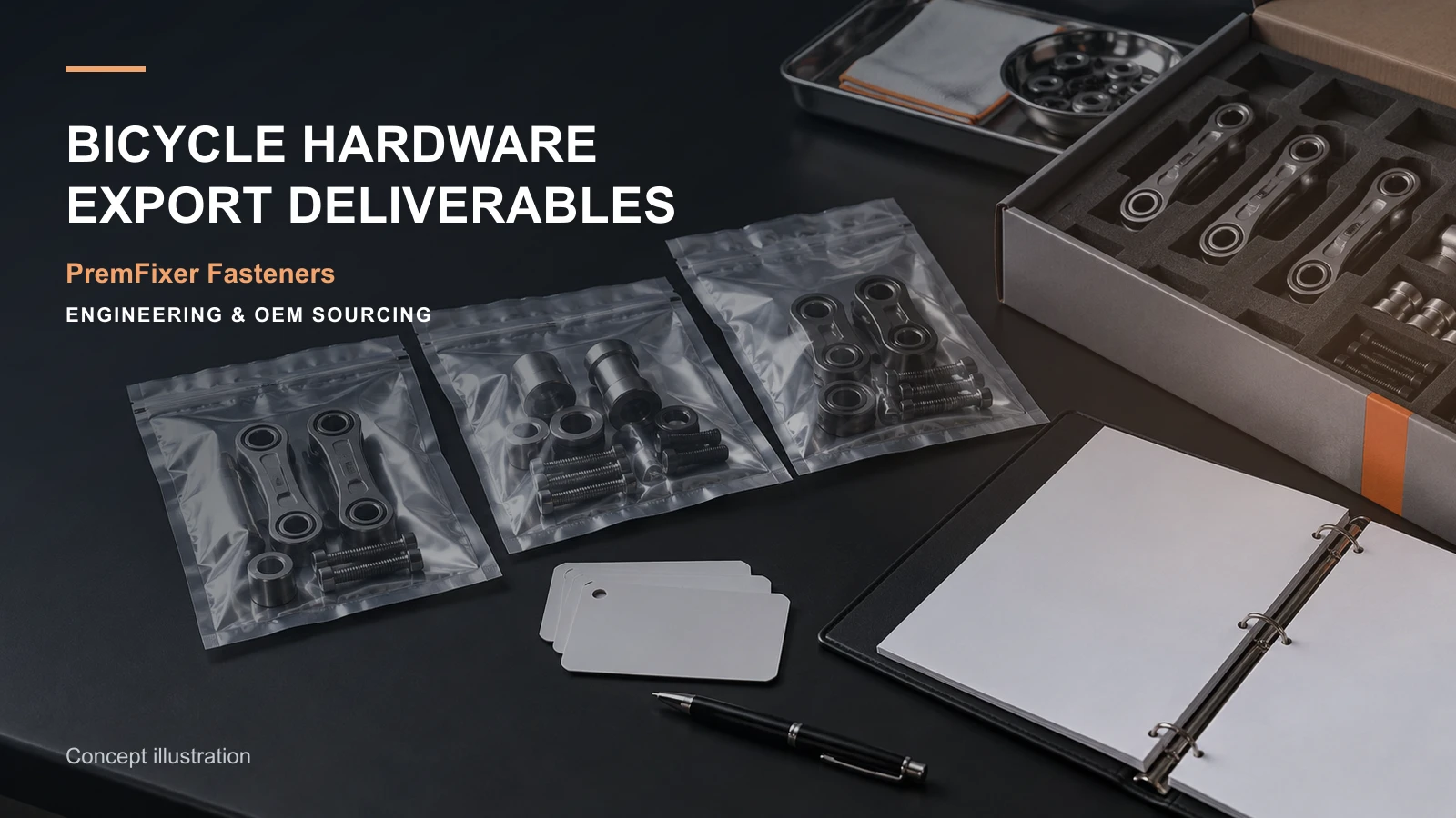 Labeled bicycle hardware export packages with inspection reports, lot traceability and reconciled packing list.