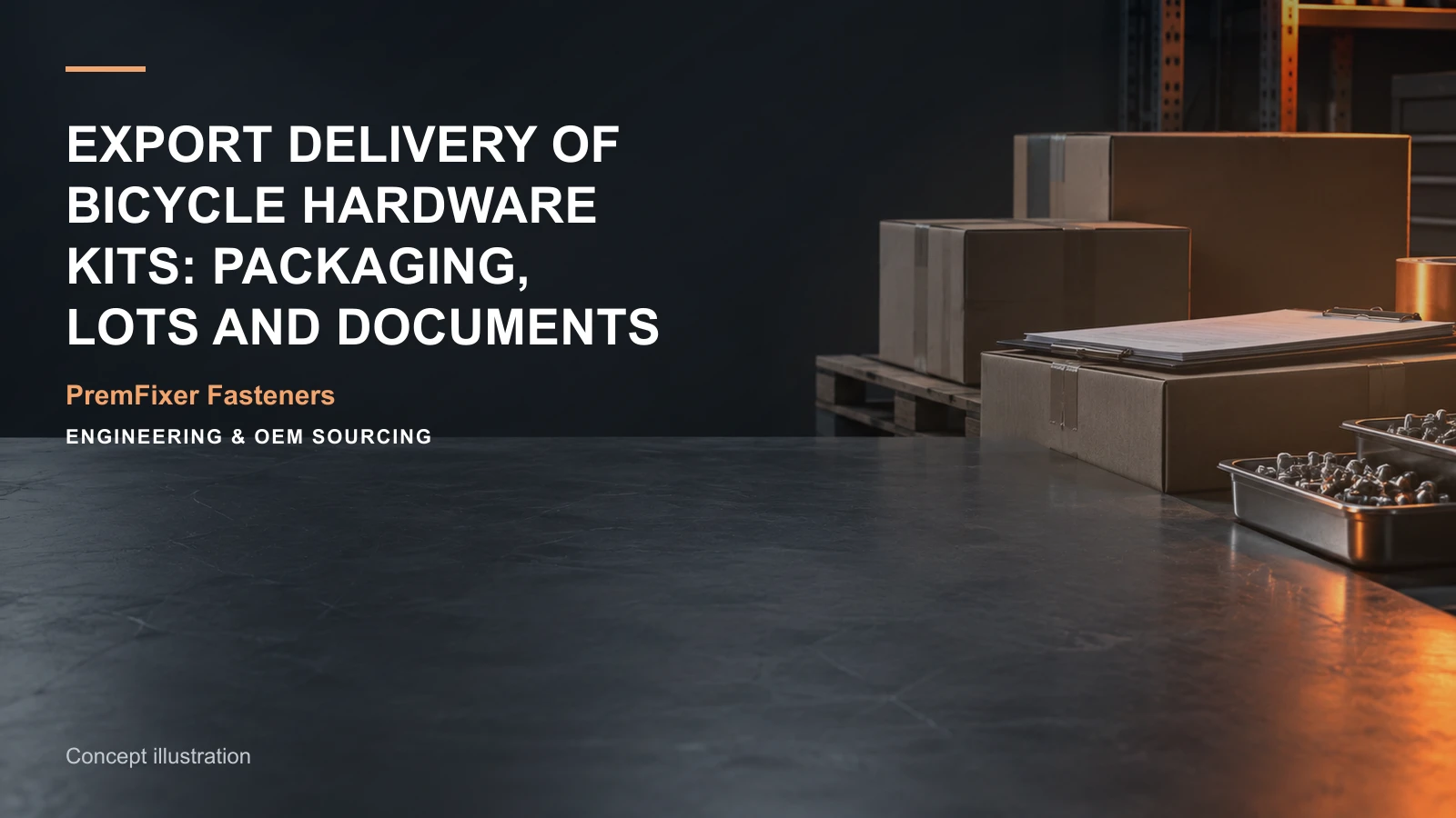 Concept illustration for Export Delivery of Bicycle Hardware Kits: Packaging, Lots and Documents.