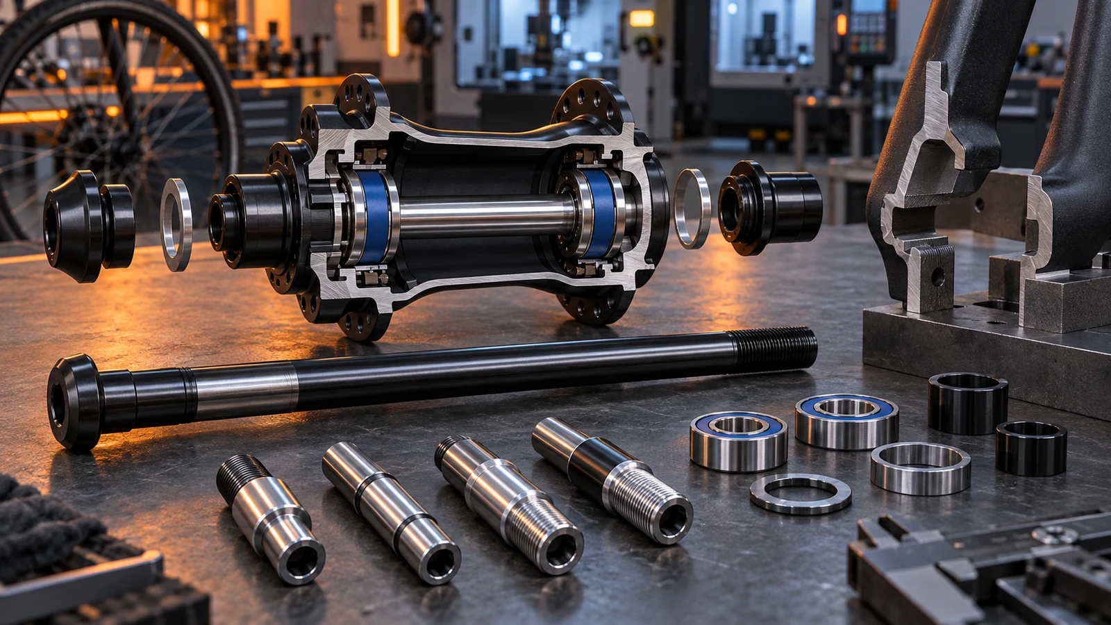 Concept cutaway of a bicycle hub, bearings, axle and end hardware for motion and support review, not a failed or tested assembly