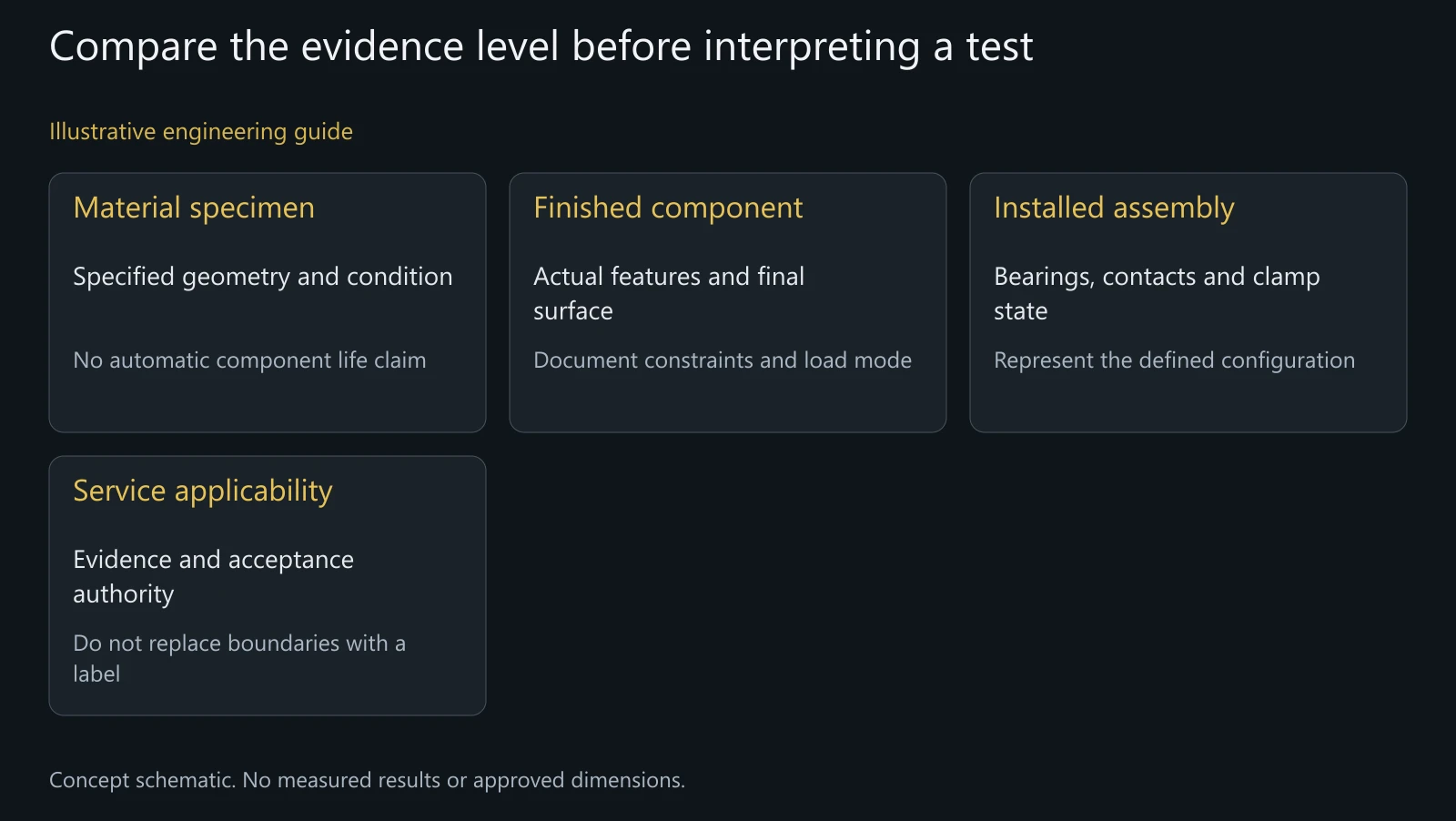 Concept comparison of fatigue evidence levels; no test result, numerical load or certified hub performance is represented.