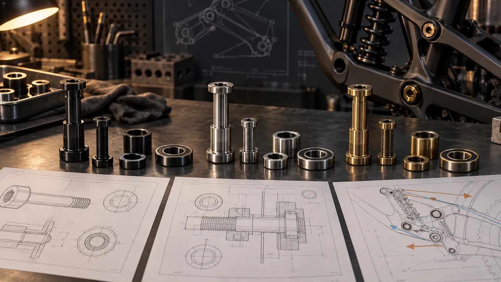 Concept engineering workbench with pivot bolts, spacers, bearings, linkage and abstract drawing sheets separating component geometry from bicycle assembly requirements; no certification or test results shown.