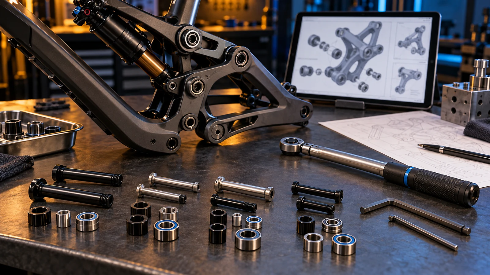 Concept bicycle suspension hardware groups with an inactive torque wrench, hex tools and abstract drawing display; no applied torque, measured clamp force or approved installation shown.