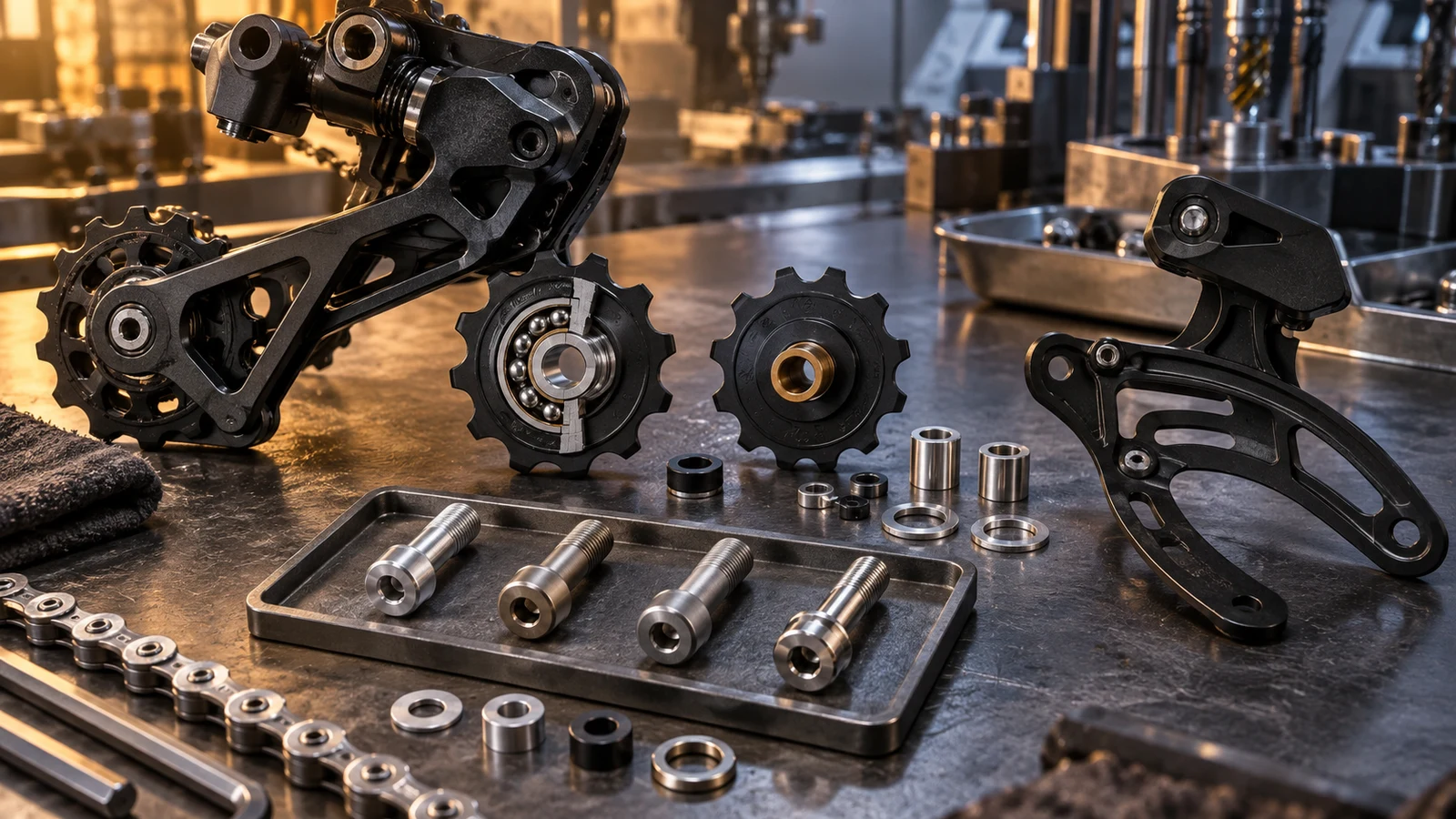 Concept pulley, bearing and bushing interfaces with shoulder bolts and separate chain-guide hardware, not a validated alloy comparison or compatible kit