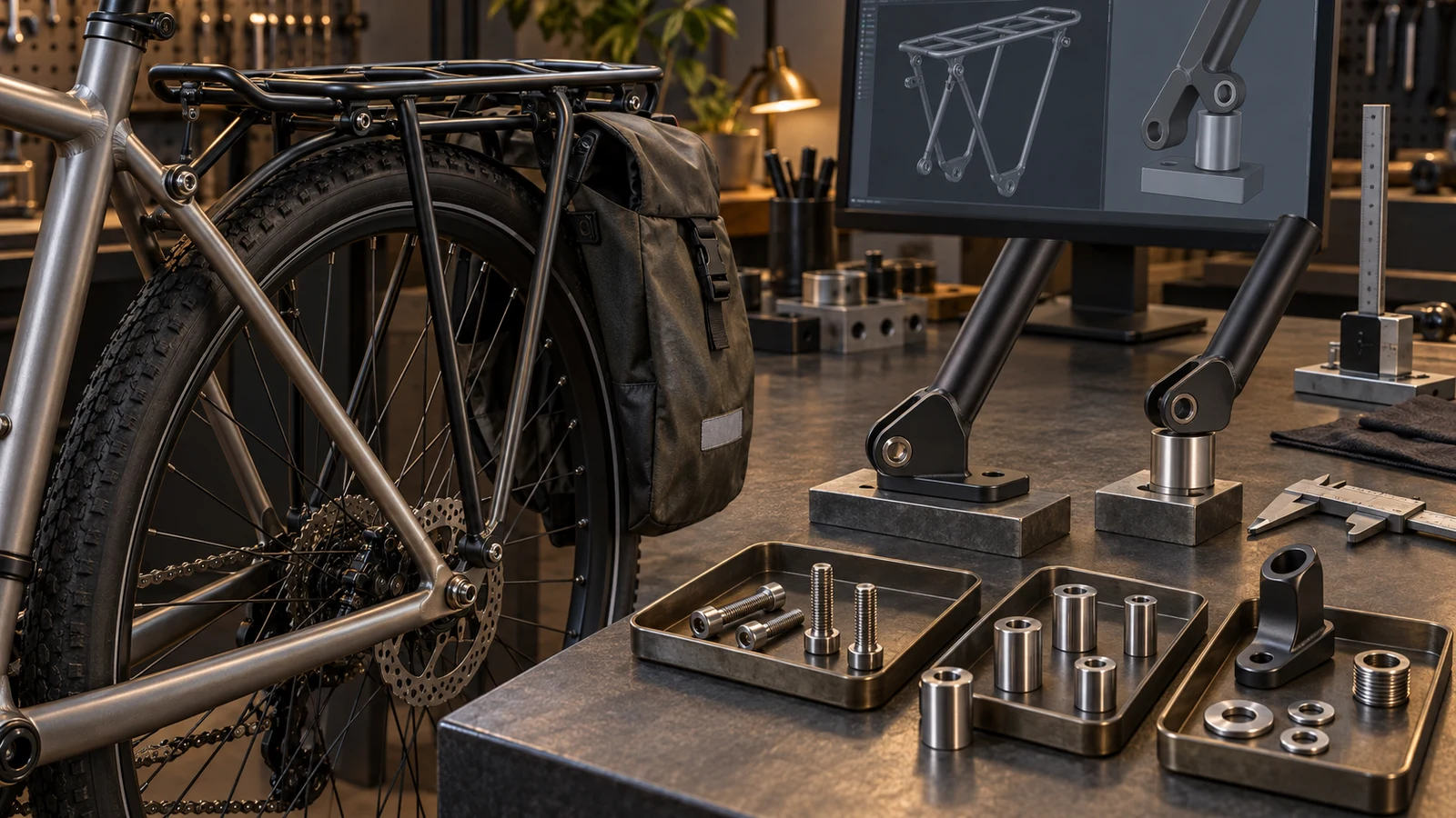Concept bicycle rear rack, eyelet mounts and separate bolts and standoffs illustrating attachment options, not a tested cargo capacity or approved fit