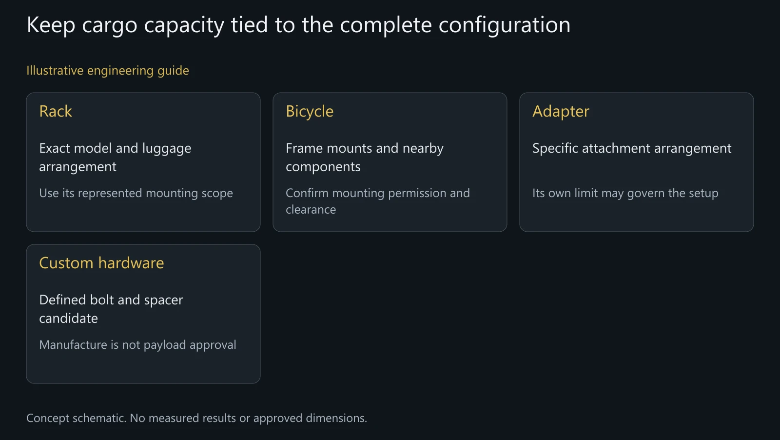 Illustrative configuration map. No cargo rating, approved adapter compatibility or measured strength is depicted.
