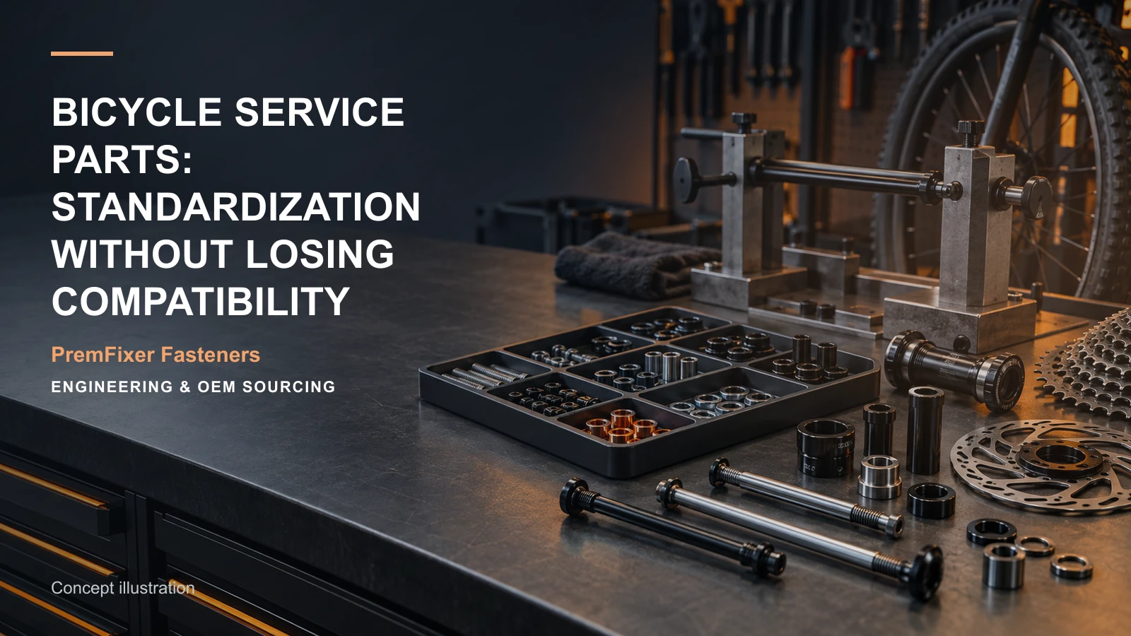 Conceptual engineering workspace introducing standardized bicycle service hardware for bicycle and electric-mobility OEM teams.