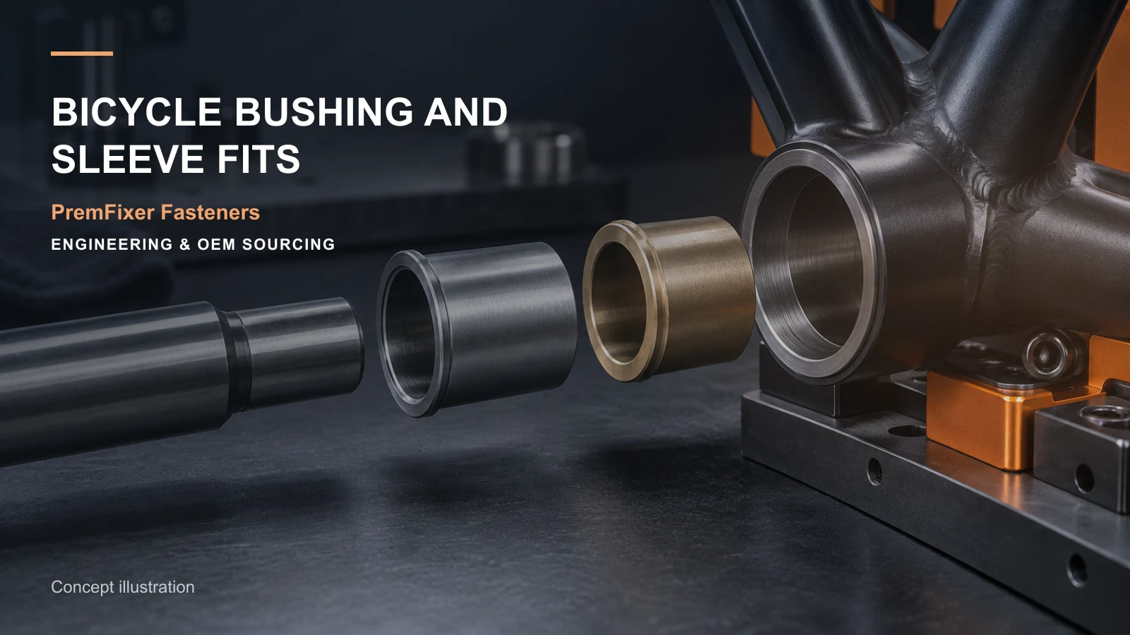 Bicycle pivot sleeve and bushing pair shown with clearance and interference fit relationships and precision gauges.