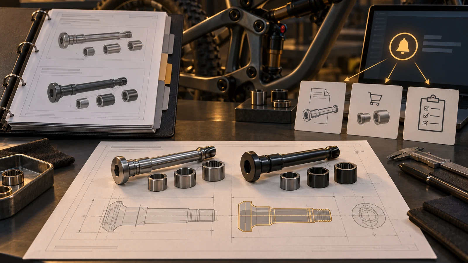 Concept comparison of pivot hardware revisions with neutral notification and drawing cards, not an actual standards subscription, approved design change or measured result.
