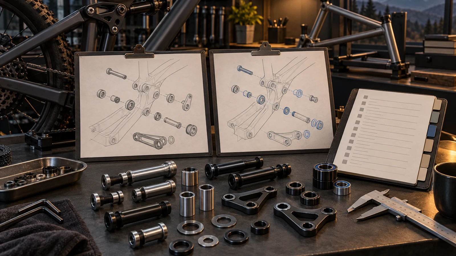 Concept bicycle-platform review with grouped custom hardware, separate drawings and an unbranded action sheet, not a compliance register, tested platform or approved design change.