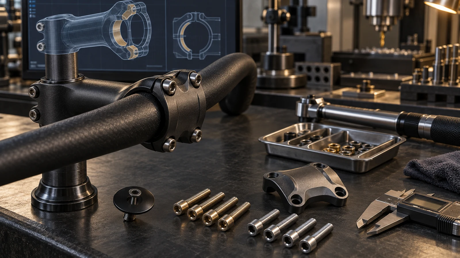 Concept bicycle stem, separate faceplate, top cap and titanium-toned fasteners illustrating distinct clamp functions, not an approved compatible replacement kit