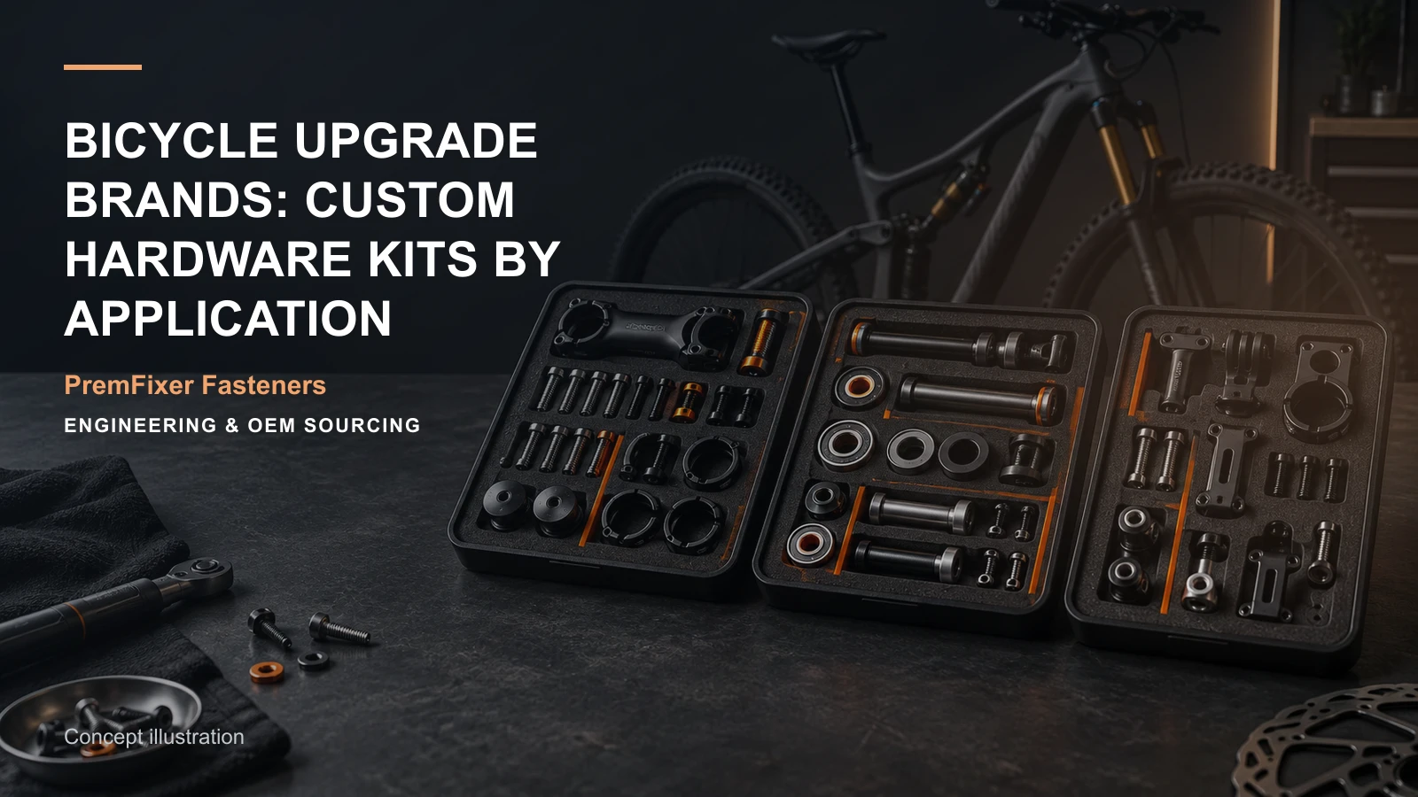 Conceptual engineering workspace introducing brand-specific bicycle upgrade kits for bicycle and electric-mobility OEM teams.