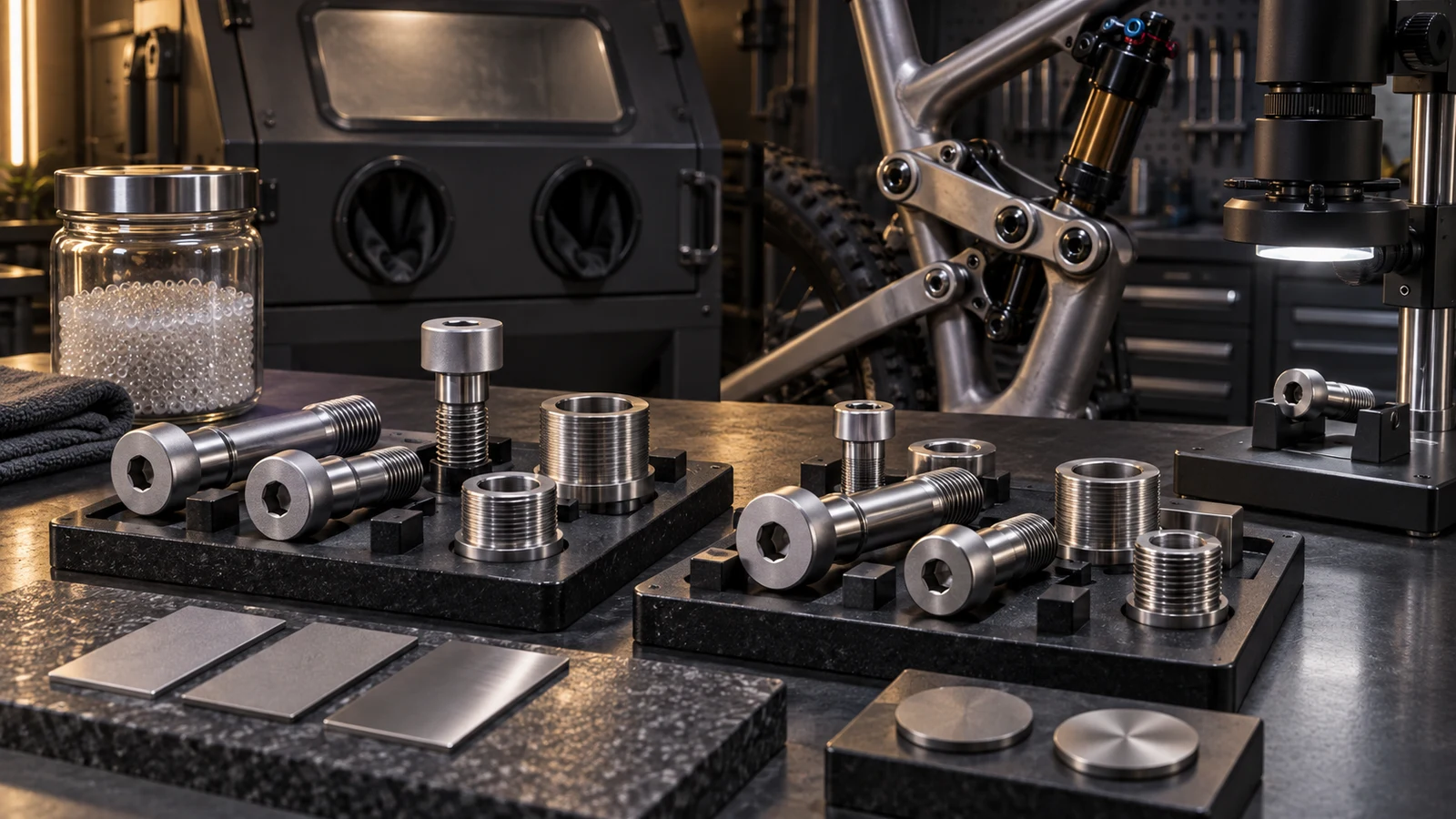Concept illustration of satin titanium pivot bolts, receivers, protected functional surfaces and an enclosed blasting context; no fatigue test or stress measurement shown.